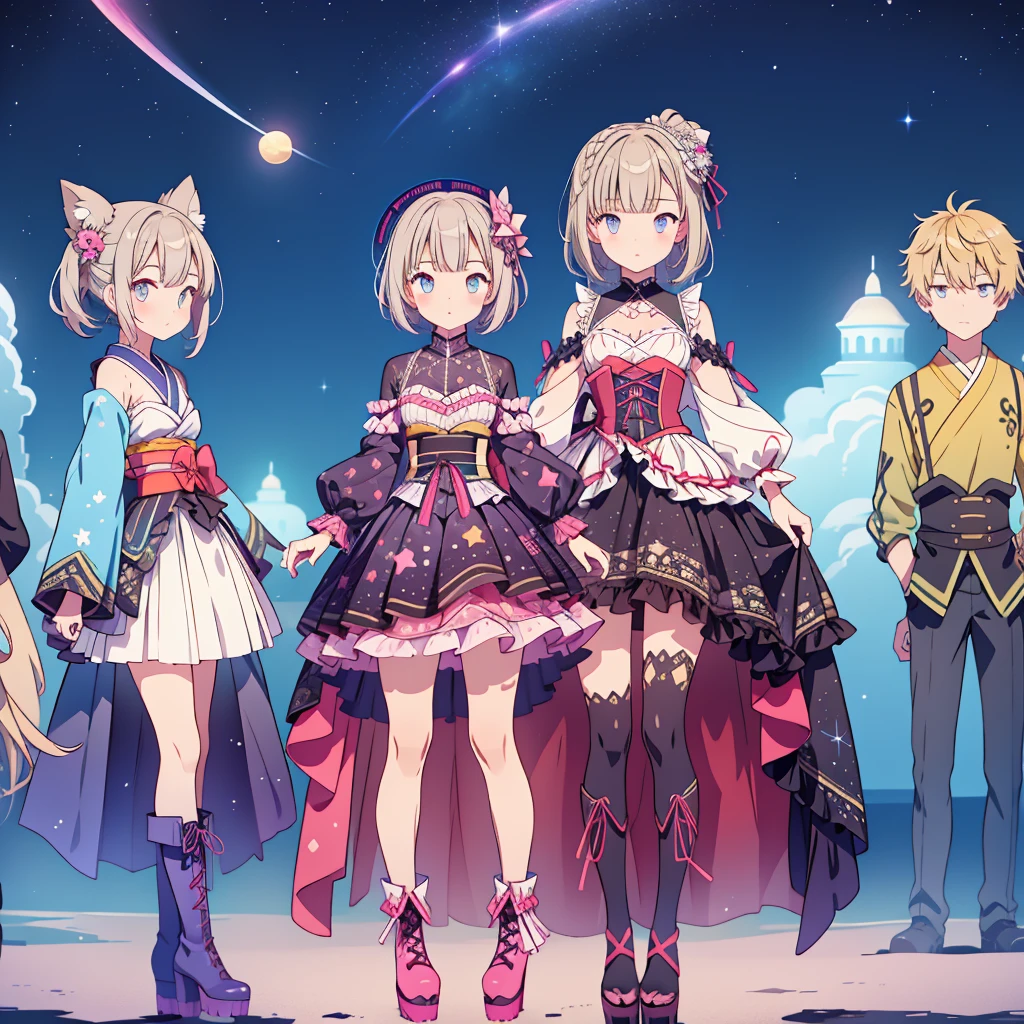 1girl、lower body shot、Focus on boots、vtuber-halfbody、Star Fairy、「A beautifully printed galaxy patterned kimono and gothic ta outfit.、Space pattern box pleated mini skirt with ruffles、front portrait、Knee-high boots、enchanting eyes、Perfect and stunning face、exquisite details、clear image、highest quality。」short hair、