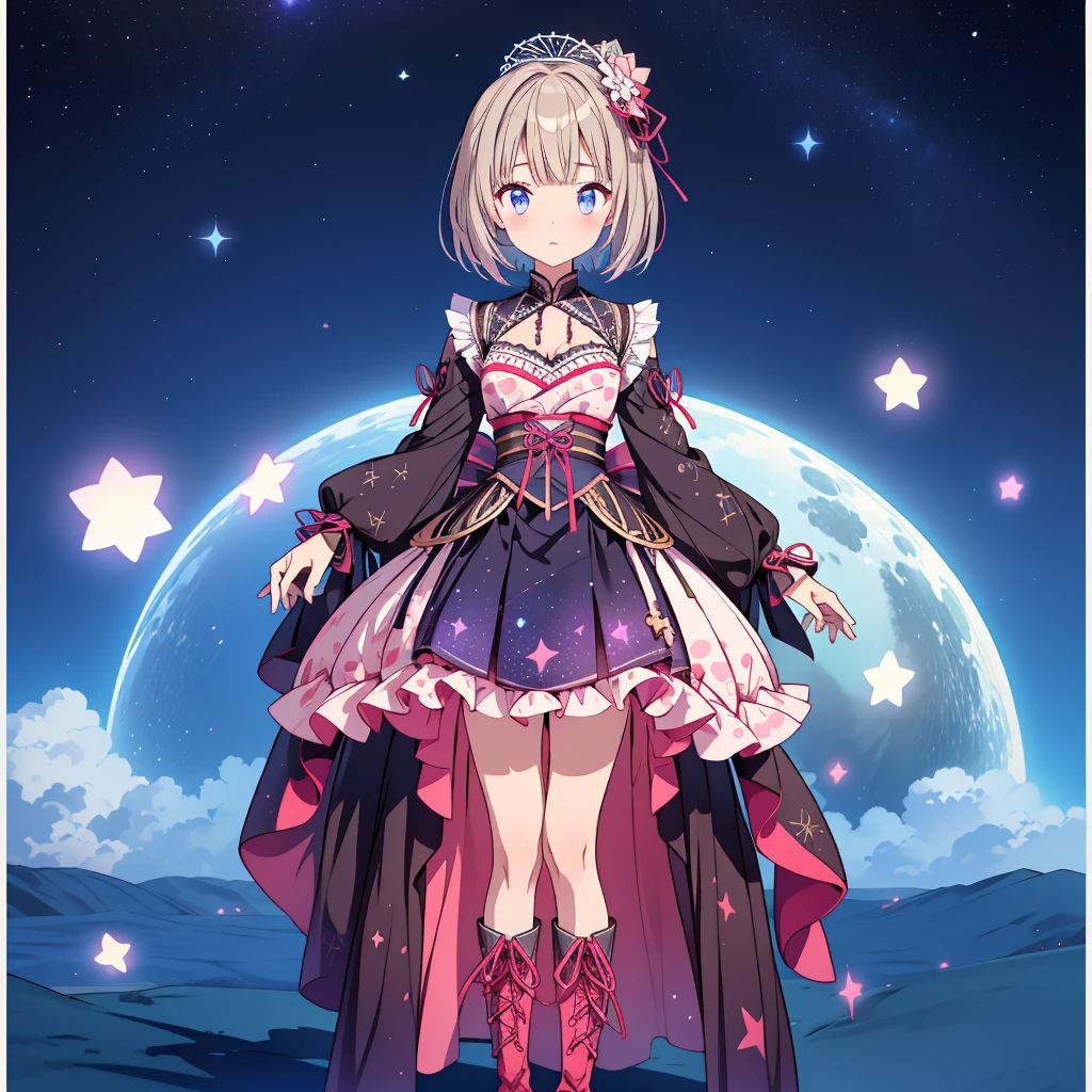 1girl、lower body shot、Focus on boots、vtuber-halfbody、Star Fairy、「A beautifully printed galaxy patterned kimono and gothic lolita outfit.、Space pattern box pleated mini skirt with ruffles、front portrait、Knee-high boots、enchanting eyes、Perfect and stunning face、exquisite details、clear image、highest quality。」short hair、