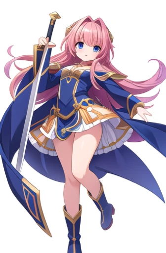masterpiece, best quality, cute eyes, 1girl, solo, high fantasy costume, random pose,  ((white background)), full body, boots, sword,