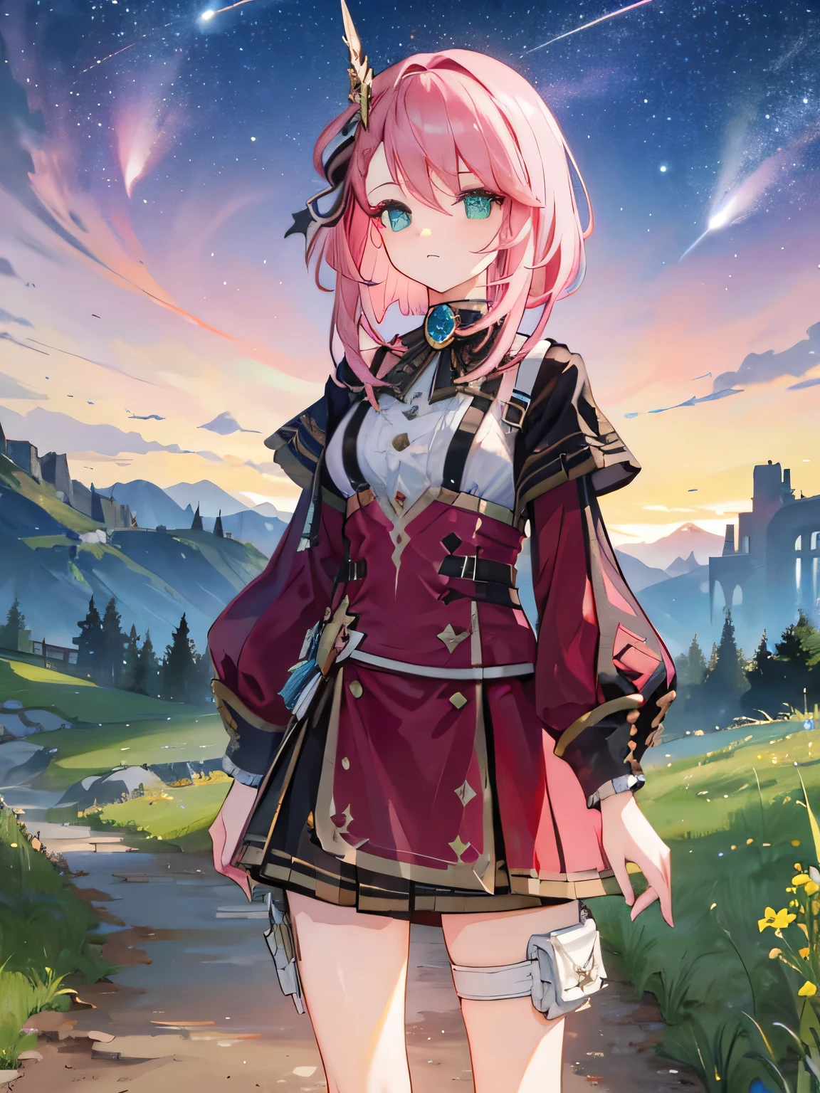 The grass that covered my calves，1 girl，Short pink hair，green eyes，stand，Hair blown by the breeze，sunset，starry sky，meteor，The background is mountains and grasslands