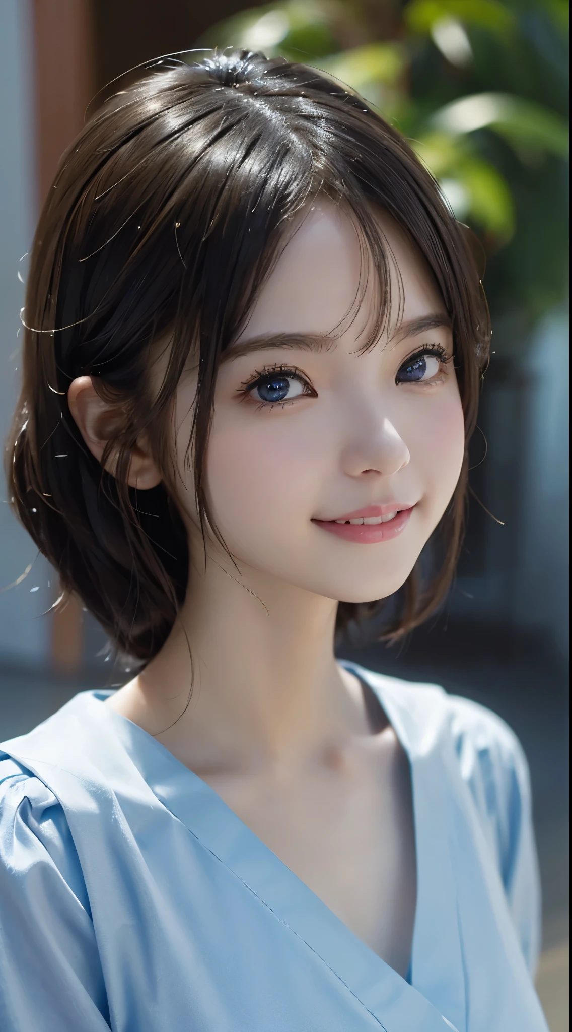 masterpiece、1 beautiful girl、detailed eye、puffy eyes、highest quality, 超A high resolution, (reality: 1.4), original photo,movie lighting、Japanese、super beautiful、beautiful skin、thin、(超reality的な)、(High resolution)、(8K)、(very detailed)、(beautiful detailed eyes)、(Super detailed)、（detailed face）、looking at the viewer、very smiling、look straight ahead、black eye、body turns forward、shortcut、Wearing a pale blue dress、