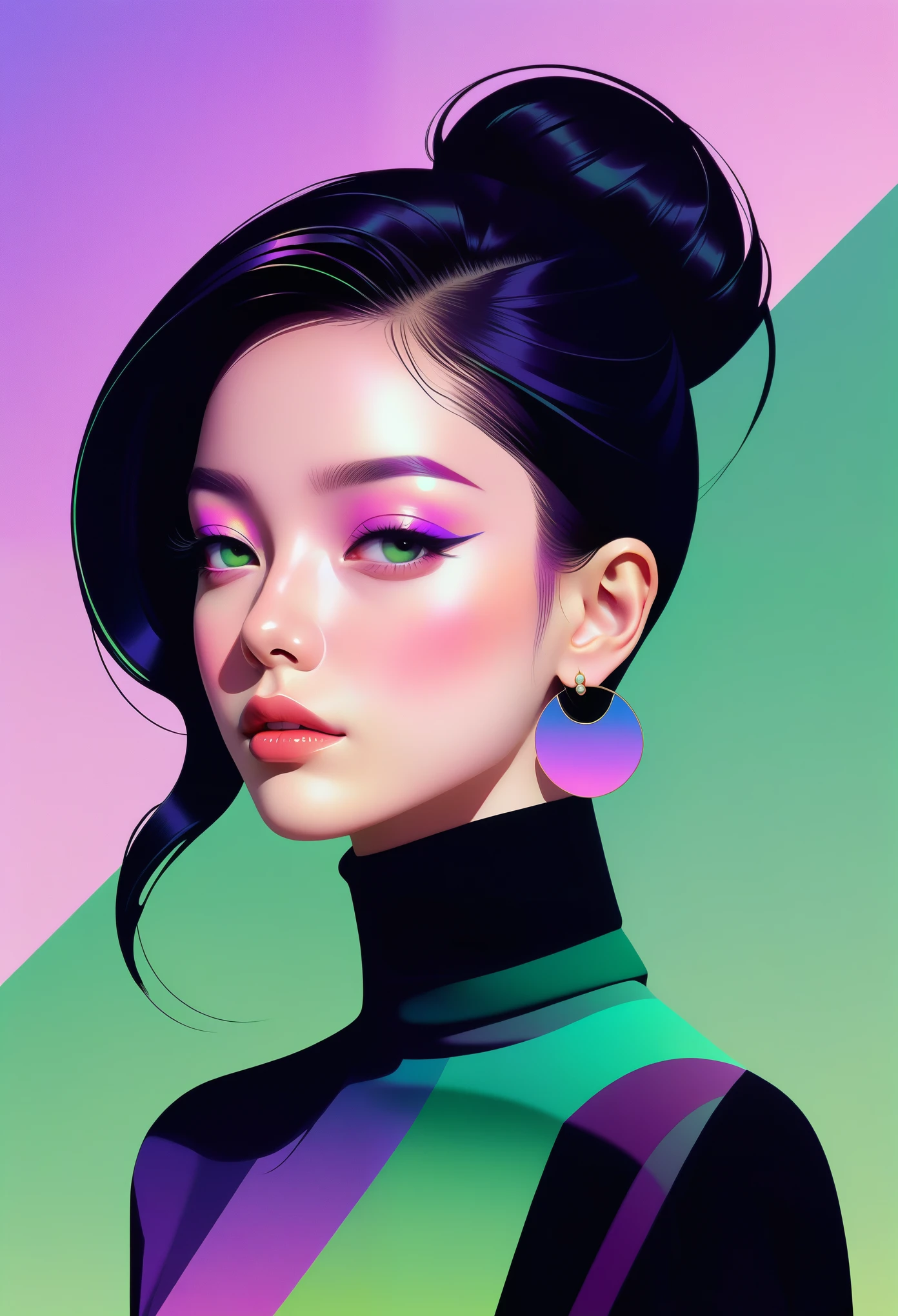 (((vector,flat form style,illustration,数字艺术illustration))),1 girl,Unique,pretty face,earrings,portrait,Shoulder,Black high neck,Geometric gradients,gradient lines,artistic conception,Abstract,Minimalism,minimalist lines,portrait,purples and greens,Rhythmic lines