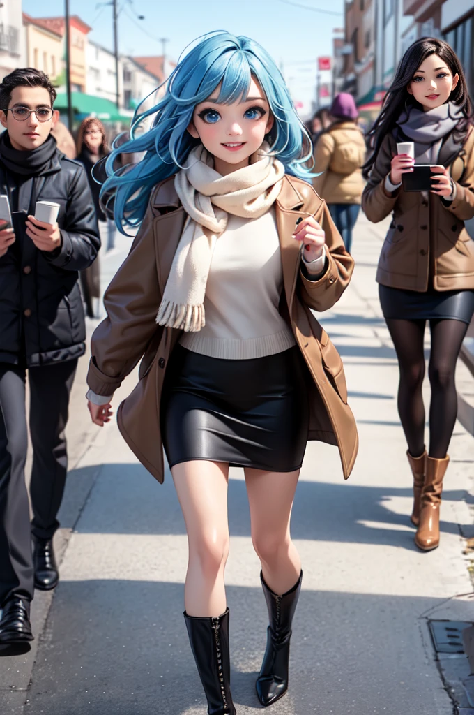 masterpiece, raw, beautiful art, professional artist, 8K, Art style by sciamano240, The facial details are very rich, very fine hair, 1 female, perfectly drawn body, pretty face, long hair, light blue hair , Very detailed blue eyes , rosy cheeks, The details in the eyes are intricate, playful smile, looking directly at the viewer , Falling in love with the audience’s expressions, lipstick, 穿著可愛的winter coat, winter coat, Gloves, sweater, scarf, short pencil skirt, boots, pantyhose ,Sunny winter day, walk, audience perspective, very close to face,