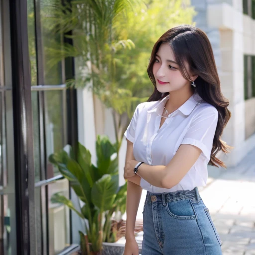 (highest quality)), ((masterpiece)), (be familiar with), Perfect face, holding up the video camera、tall beauty、
The clothes are、White shirt and slim jeans。