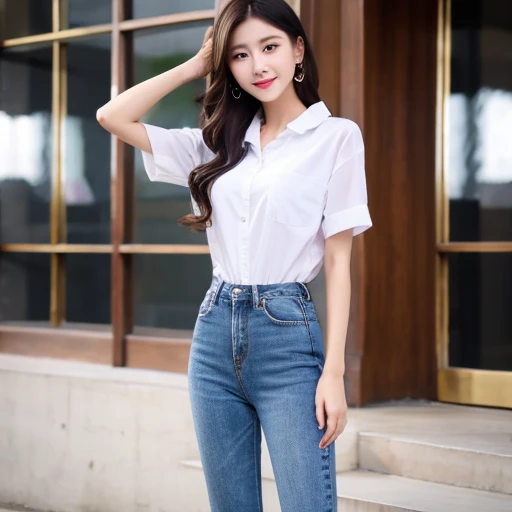 (highest quality)), ((masterpiece)), (be familiar with), Perfect face, holding up the video camera、tall beauty、
The clothes are、White shirt and slim jeans。