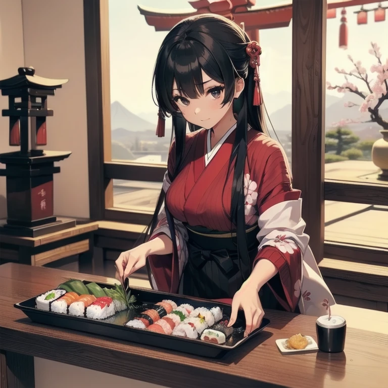 1girl, anime, black eyes, long black hair with square bangs, very long black hair, super long black hair, skirt and stockings, (stockings), heels, black Japanese style kimono mixed with ribbed black sweater with red accents and sakura floral design, ((ribbed black sweater)) adult, (((Japanese shrine/temple background))), kimono sleeves, garter, graceful, ((rolling sushi in kitchen)), sushi on countertop, mountain dew energy drink/soda on countertop, lots of completed dishes everywhere, (((lots of food in the background)))