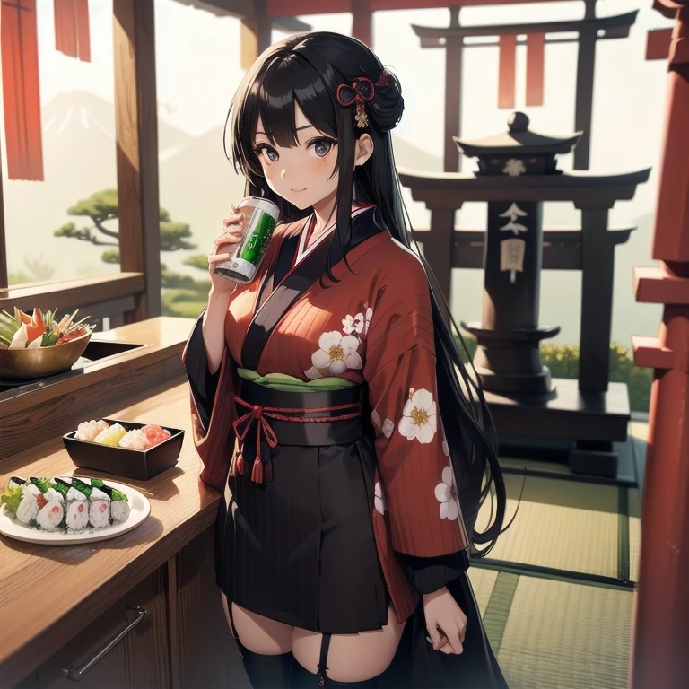 1girl, anime, black eyes, long black hair with square bangs, very long black hair, super long black hair, skirt and stockings, (stockings), heels, black Japanese style kimono mixed with ribbed black sweater with red accents and sakura floral design, ((ribbed black sweater)) adult, (((Japanese shrine/temple background))), kimono sleeves, garter, graceful, ((rolling sushi in kitchen)), sushi on countertop, mountain dew energy drink/soda on countertop, lots of completed dishes everywhere, (((lots of food in the background)))