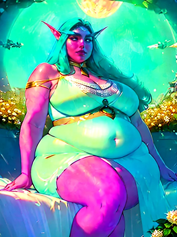 Rule_of_Thirds, full moon midnight, (1girl), beautiful supermodel Tyrande lounging on ivy chair, aqua hair, glowing eyes, white dress, extremely obese, (obese belly):1.8, (obese legs):1.5, fat rolls, massive SSBBW body, massive hyperbelly, soft massive obese belly, cute chubby feminine face, sensual pose, soft obese thighs, soft obese legs, soft obese breasts, soft obese arms, soft chubby hands, soft chubby feet, Serene expression, mesmerizing eyes, gorgeous supermodel face, straight long hair, elegant ornate transparent dress tearing, poised posture, porcelain skin, subtle blush, SFW, fat ripping through clothes, BREAK scenic temple, looking at viewer, volumetric lighting, golden glowing, flowers, glowing butterflies, best quality, masterpiece, hyperrealistic, realistic, unity 8k wallpaper,