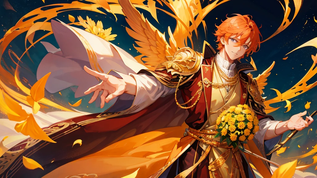 handsome boy, orange hair, different eye colors, royal clothes, gold wings, chrysanthemums, anime 8k resolution, sky