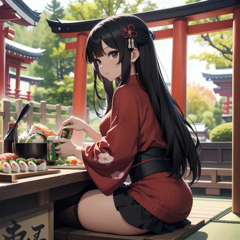 1girl, anime, black eyes, long black hair with square bangs, very long black hair, super long black hair, skirt and stockings, (stockings), heels, black Japanese style kimono mixed with ribbed black sweater with red accents and sakura floral design, ((ribbed black sweater)) adult, (((Japanese shrine/temple background))), kimono sleeves, garter, graceful, ((rolling sushi in kitchen)), sushi on countertop, mountain dew energy drink/soda on countertop, lots of completed dishes everywhere, (((lots of food in the background)))