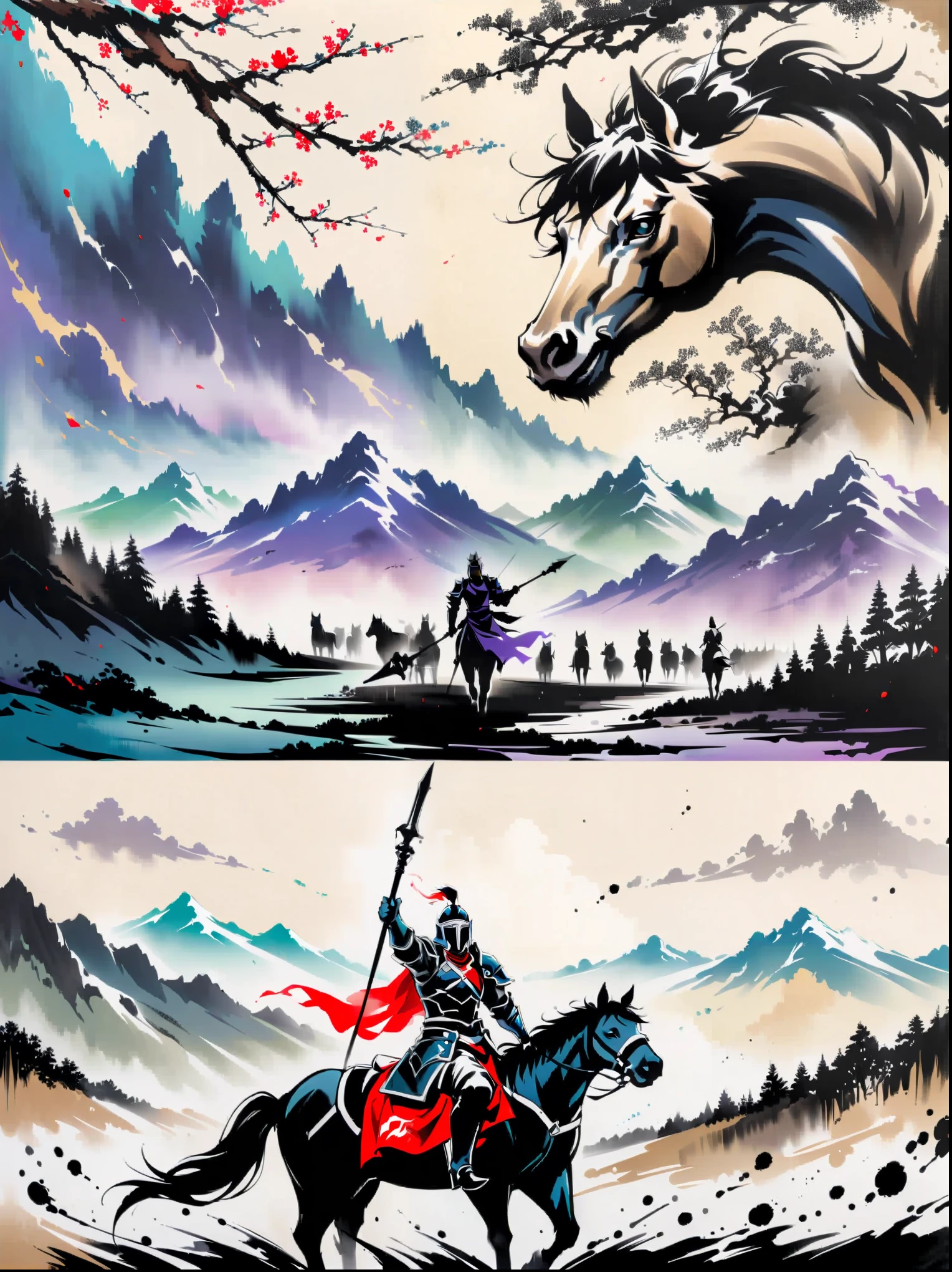 masterpiece,Collage,Tree,mountains,ink painting,一幅手持剑骑在horse上的男子与背景中一群骑horse的人的画,1 boy,male focus,holding a weapon,armor,helmet,holding a spear,horse,骑horse,Letterbox format,color,Partial coloring