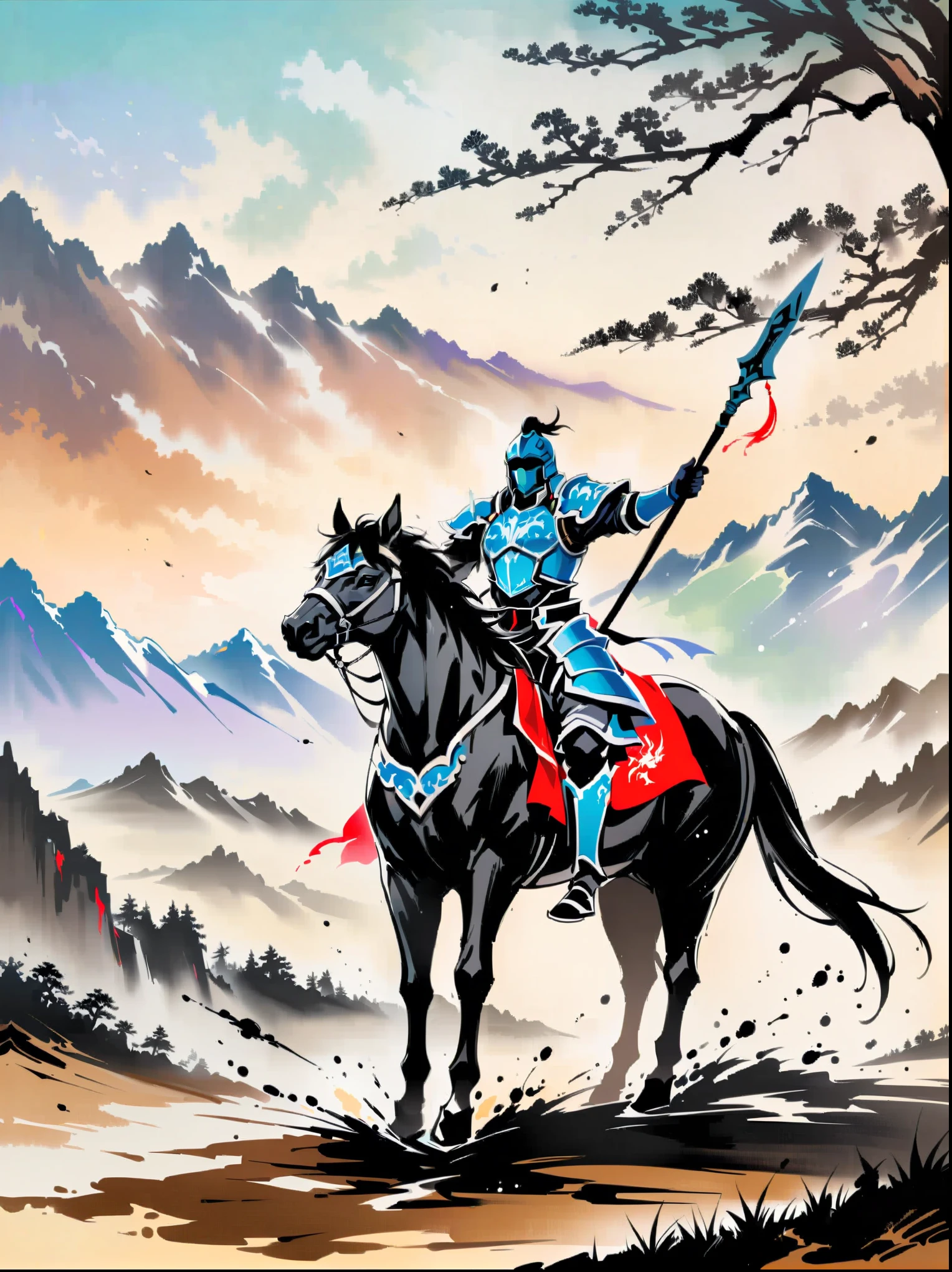 masterpiece,Collage,Tree,mountains,ink painting,一幅手持剑骑在horse上的男子与背景中一群骑horse的人的画,1 boy,male focus,holding a weapon,armor,helmet,holding a spear,horse,骑horse,Letterbox format,color,Partial coloring