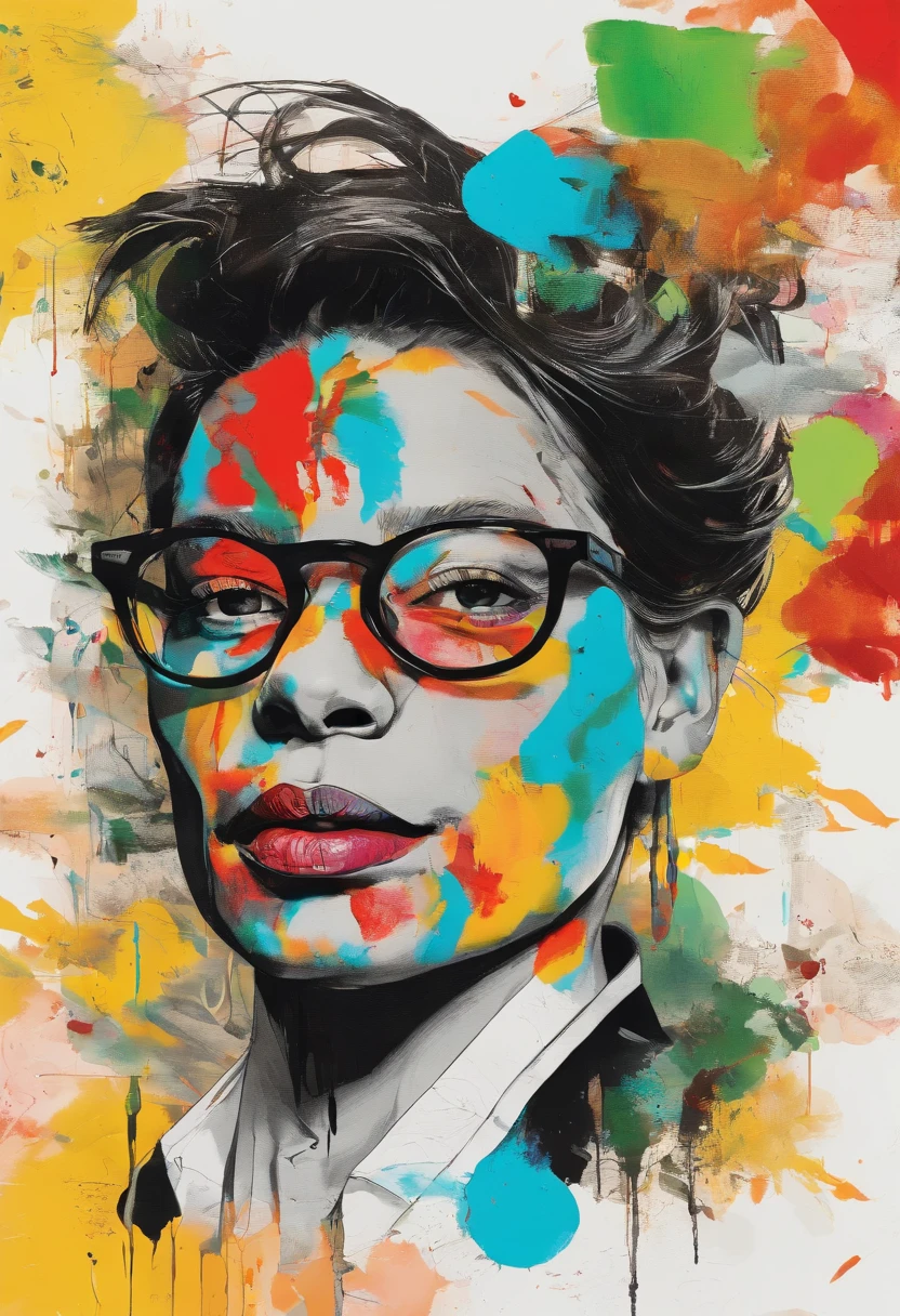 Front view of the scene; details in 8k; precision in details; Pablo Picasso style drawing. (((Wood Splash Style 1.4))); high color contrast; Abstract artistic drawing on a textured background of a brunette woman with long, wavy hair wearing square glasses, a woman smiling with red lipstick, a slimmer, slightly rounded face with slight dimples near the mouth; wearing a black coat with a yellow t-shirt underneath looking to the right, A stylized graphic portrait of ean-Michel Basquiat, background graphic from Futura 2000, with a vibrant RGB color glow. no shadows, full design, green, red.yellow. black warm colors, sticker, bright colors, black background, t-shirt design, illustration, watercolor illustration, professional illustrator, best watercolor, ink and watercolor paintings, alcohol ink, vibrant colors, perspective view, centered, perspective lines. graffiti, doodling, Petra Cortright Comics, Best quality, artwork, Representative work, official art, professional, ultra intricate detailed,
