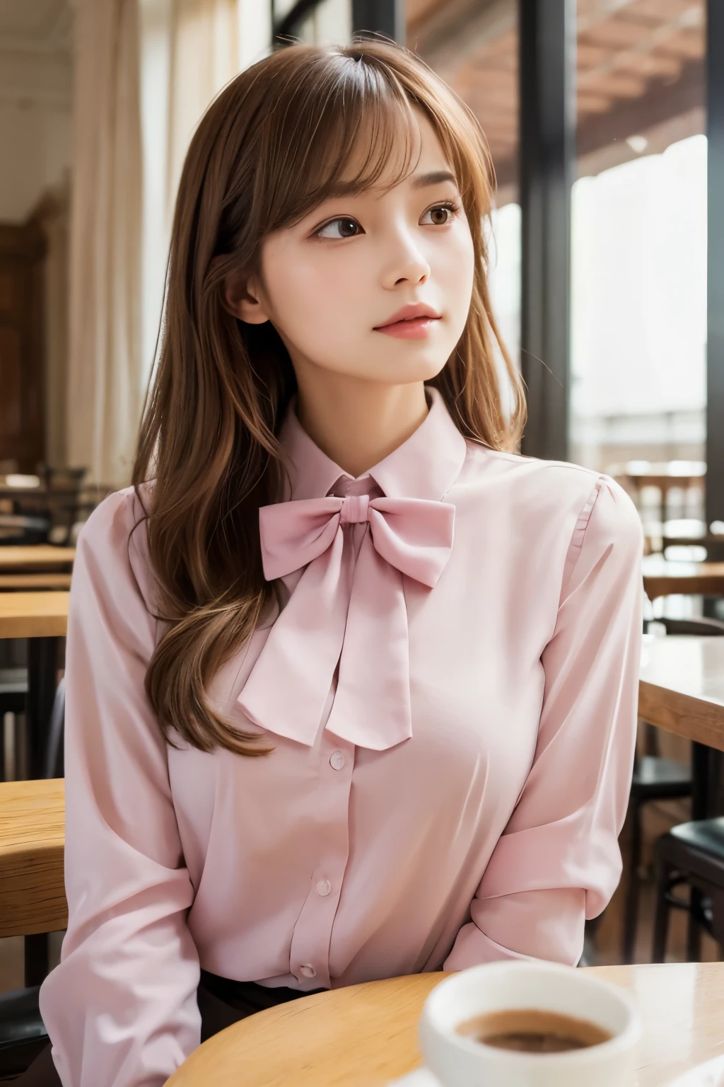 (Best quality, Masterpiece:1.3), 1 woman, sitting in cafe, medium brown hair, wearing pink bow tie blouse, relaxed posture, natural light, cinematic background