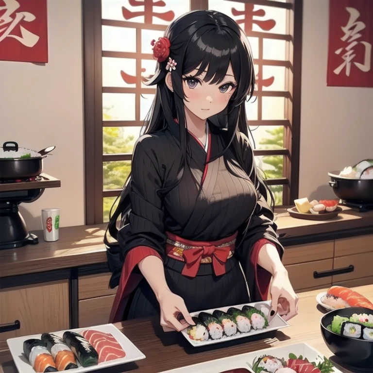 1girl, anime, black eyes, long black hair with square bangs, very long black hair, super long black hair, skirt and stockings, (stockings), heels, black Japanese style kimono mixed with ribbed black sweater with red accents and sakura floral design, ((ribbed black sweater)) adult, (((Japanese shrine/temple background))), kimono sleeves, garter, graceful, ((rolling sushi in kitchen)), sushi on countertop, mountain dew energy drink/soda on countertop, lots of completed dishes everywhere, (((lots of food in the background)))