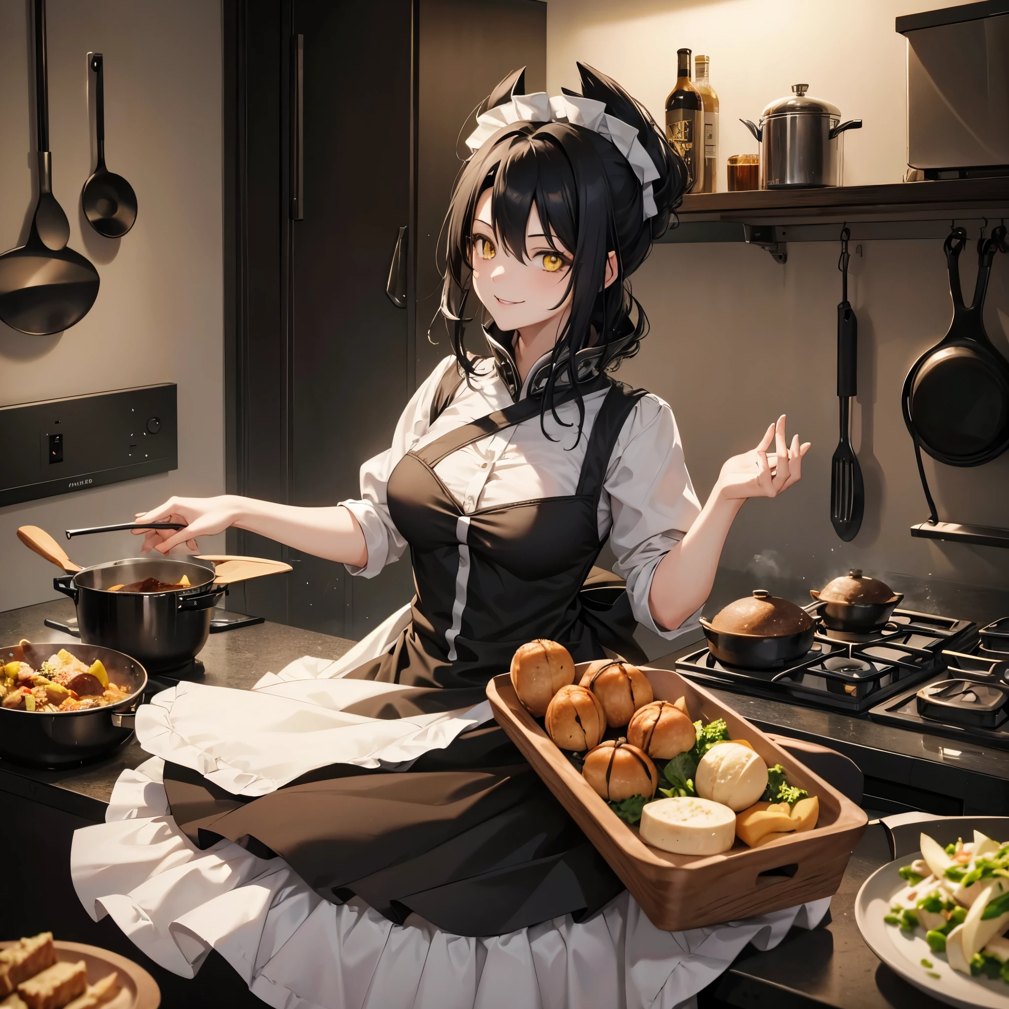 A woman wearing a black maid dress, black hair, yellow eyes, in a kitchen, food on the table, pan on the stove, smiling,ultra detailed, ultra resolution, masterpiece, 4k HD, HDR.
