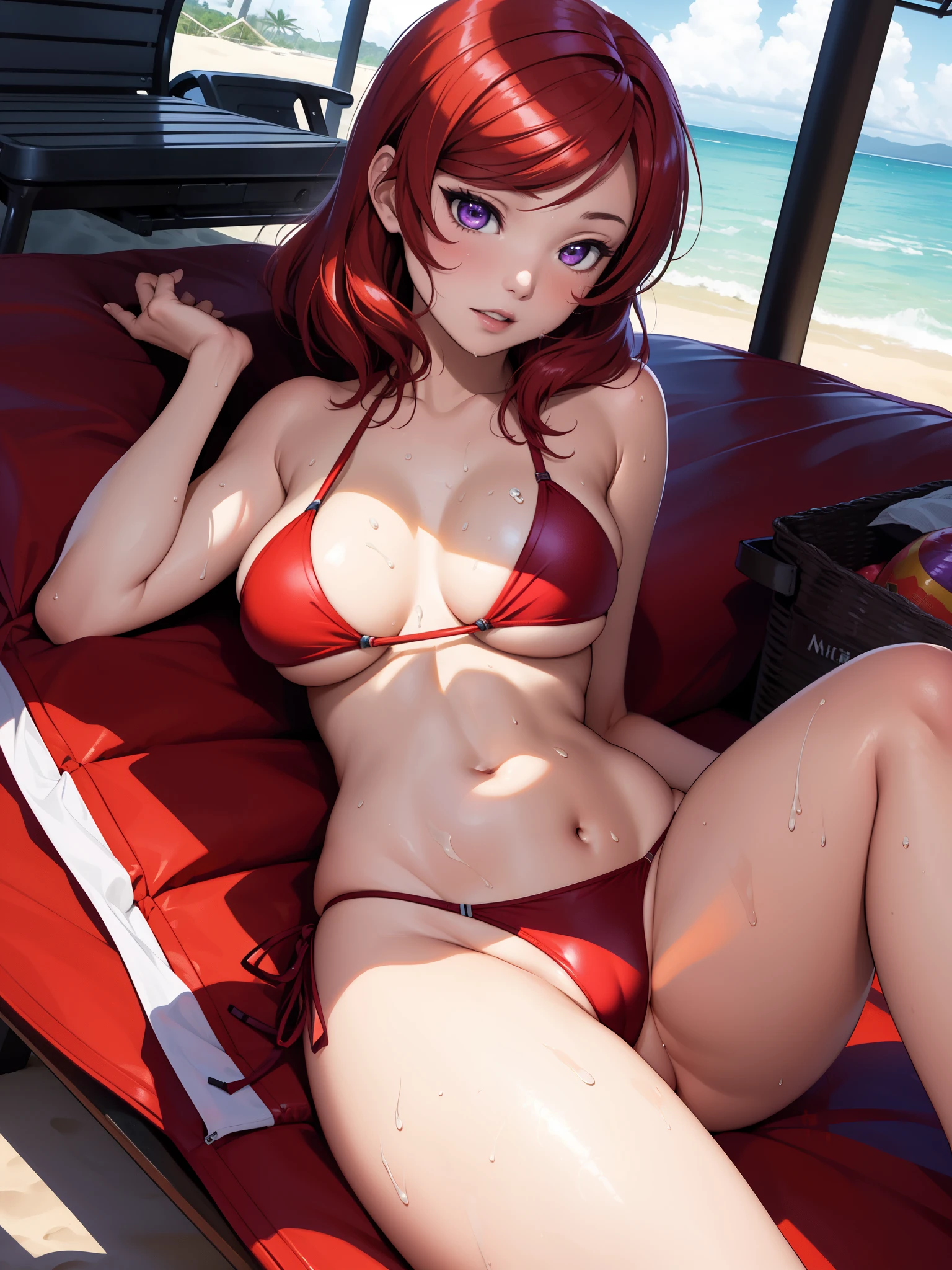 (Masterpiece, Best Quality, High Quality), volumetric lighting, illustration, beautiful, perfect lighting, perfect shadows,Nishikino maki , dynamic camera angle, (bikini:1.2),underboobs, thighs, solo, purple eyes ,red hair , beach , laying on her side,on beach lounger, moist skin ,sweat drops, spread legs