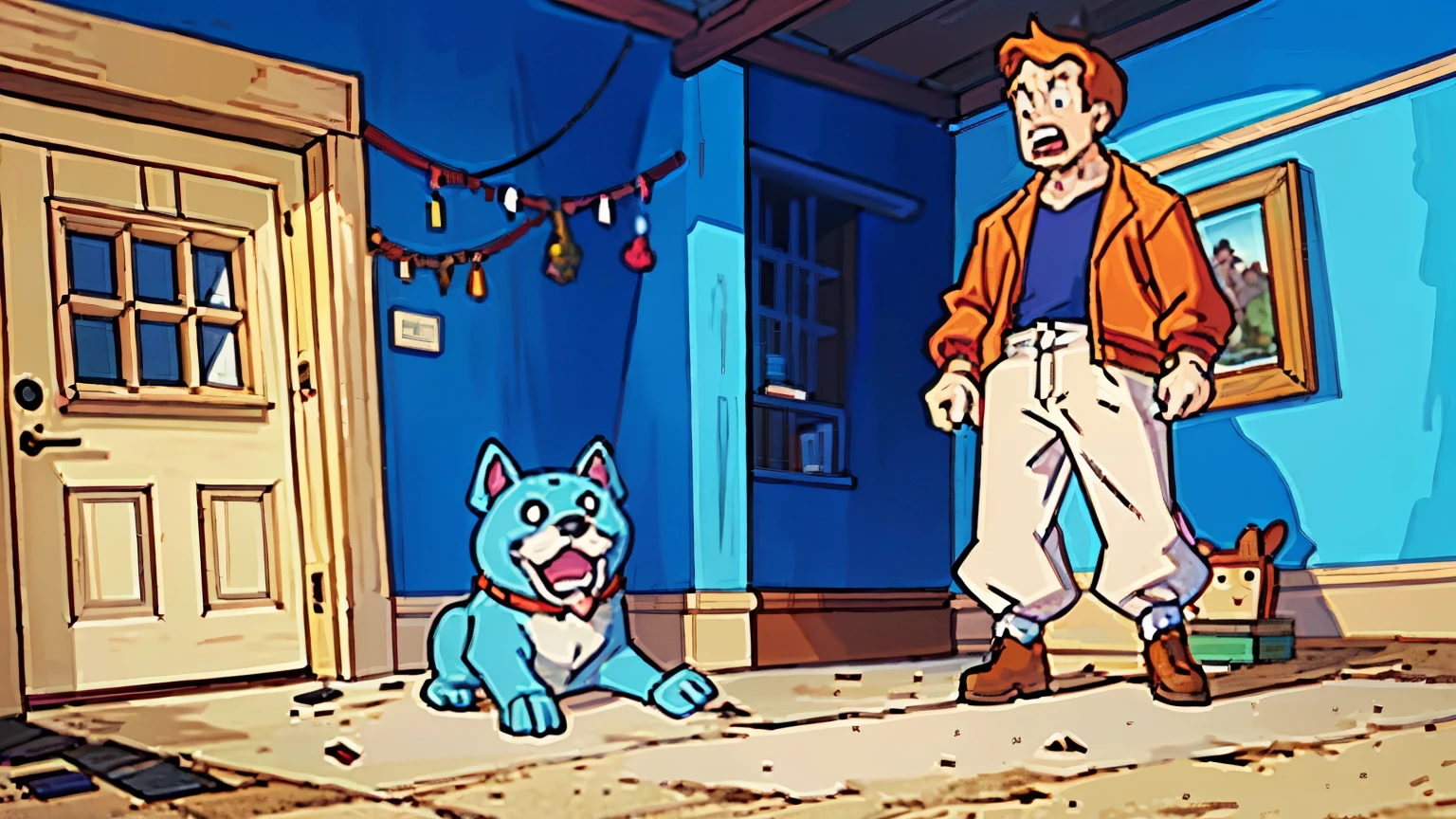 comics:A man holding a dog in a room with a door, Cartoon still, Animation movie stills, animation stills, Animation movie stills, Cartoon, Cartoon片, animation stills screencap, animated movie scene, Still from an animated horror movie, video game cutscene, Animation film shooting, animation stills, George Buck (George Barker) of inspiration, cutscene