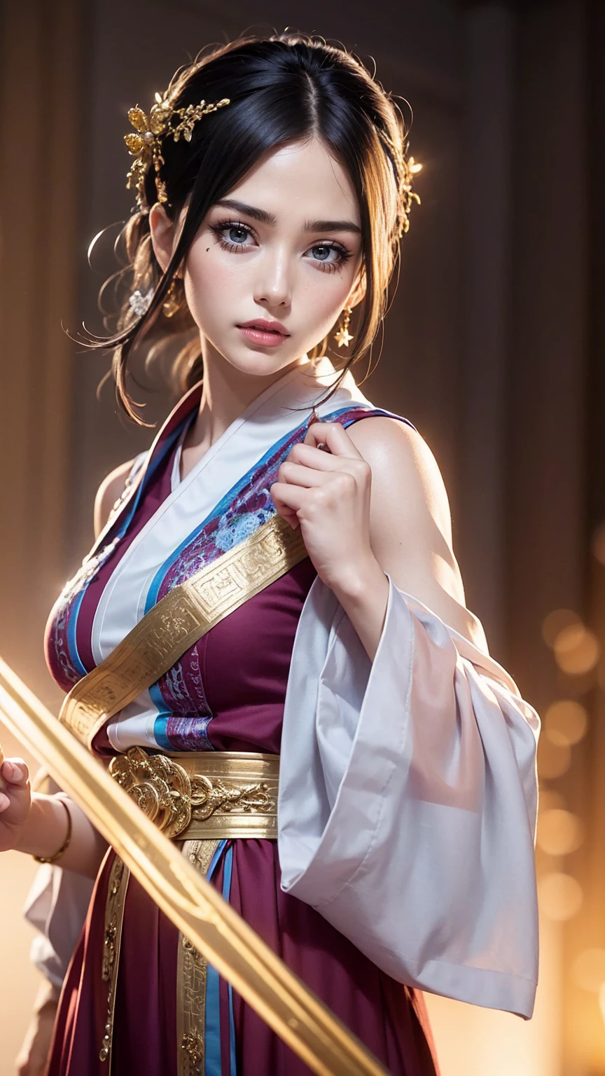 handsome chinese girl, clear eyes, clear facial features, wearing Hanfu, fighting stance, Martial arts moves, A body wrapped in purple mist, Runes around, holographic reality, holographic halo, motion blur, game light effects, edge light, soft light, movie edge light, delicate light, masterpiece, Super detailed, magnificent composition, super hd, high quality, 最high quality, 32k