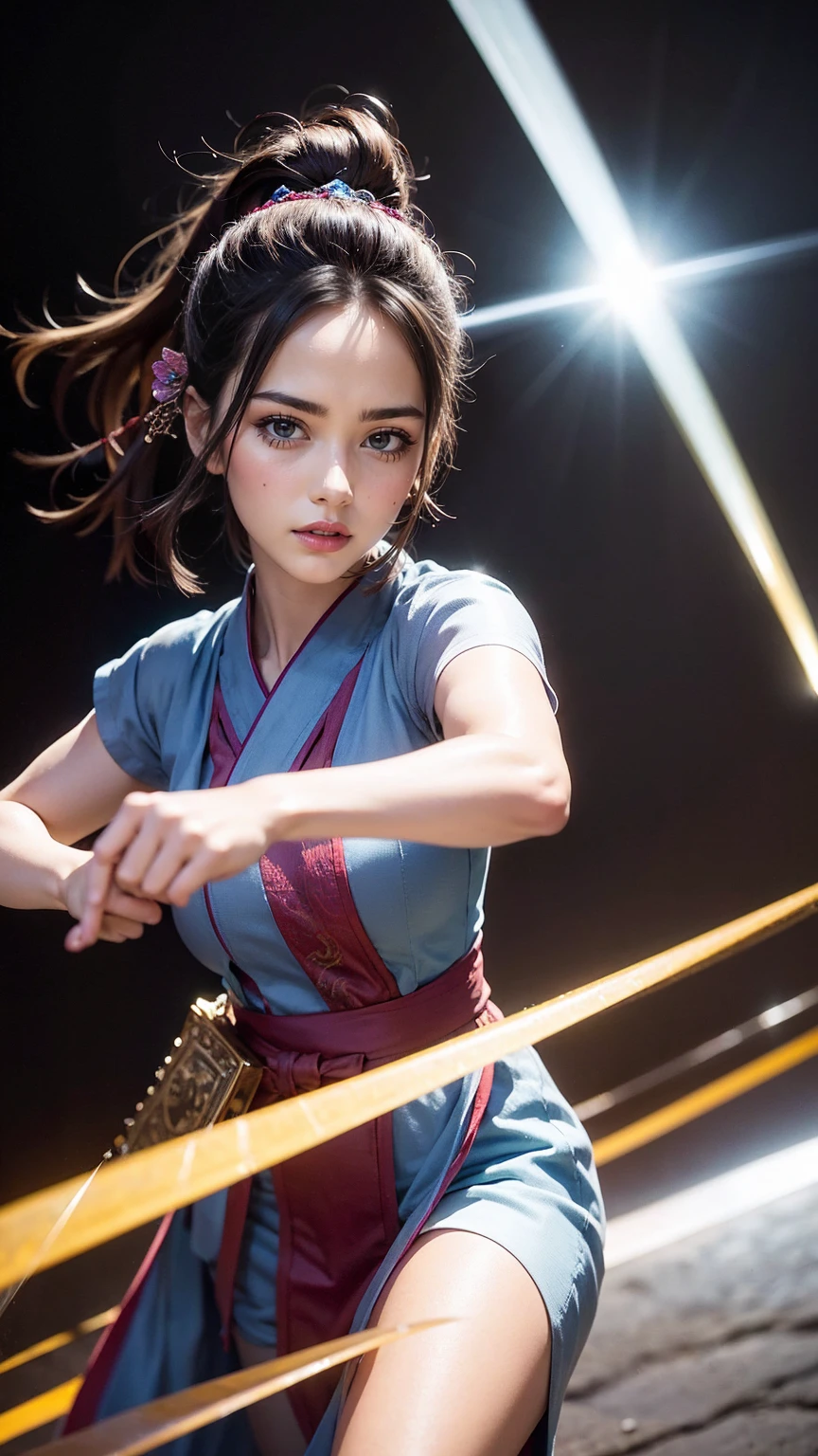 handsome chinese girl, clear eyes, clear facial features, wearing Hanfu, fighting stance, Martial arts moves, A body wrapped in purple mist, Runes around, holographic reality, holographic halo, motion blur, game light effects, edge light, soft light, movie edge light, delicate light, masterpiece, Super detailed, magnificent composition, super hd, high quality, 最high quality, 32k