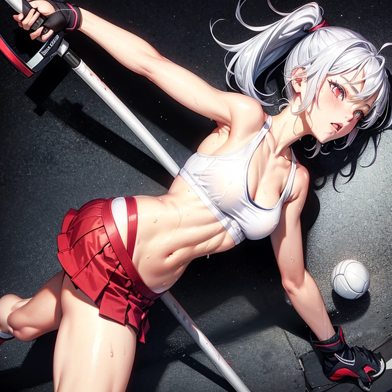 , school girl, sports bra, short , ponytail, fit clothes, red eyes, silver hair, spread leg, wet,