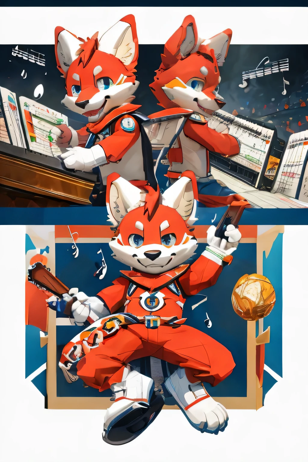 Draw a three-view animal mascot character,Music-themed,Blue and white color,Emphasis on the theme of music