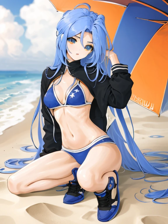 chaesu-minah, 1girl, solo, blue bikini, blue eyes, blue hair, at the beach, 8k, high resolution, shallow depth of field, high detai, at the beach, masterpiece, best quality, highly detailed