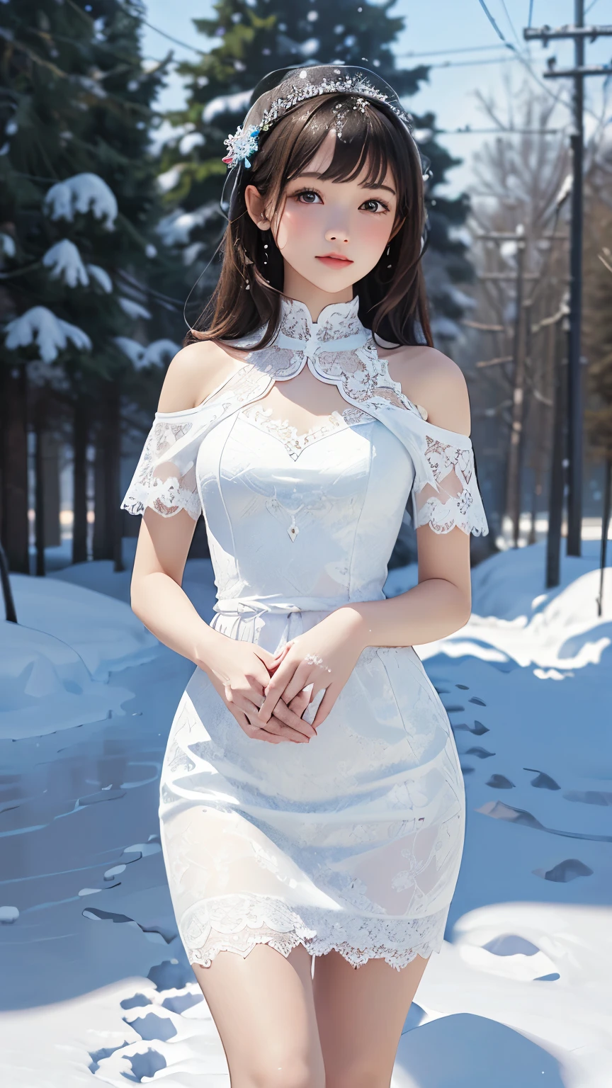 (((Masterpiece))),((top quality)),one beautiful girl,bangs、(white lace dress:1.5)、(belly button)、(See-through)、snow girl, beautiful digital artwork, 美しいsnow girl, beautiful fantasy art, very beautiful fantasy art, beautiful digital art,(Standing in the snow:1.5)