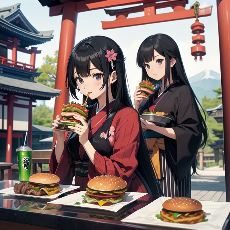 1girl, anime, black eyes, long black hair with square bangs, very long black hair, super long black hair, skirt and stockings, (stockings), heels, black Japanese style kimono mixed with ribbed black sweater with red accents and sakura floral design, ((ribbed black sweater)) adult, (((Japanese shrine/temple background))), kimono sleeves, garter, graceful, ((eating burger in kitchen)), burgers on countertop, mountain dew energy drink/soda on countertop, lots of completed dishes everywhere, (((lots of food in the background)))