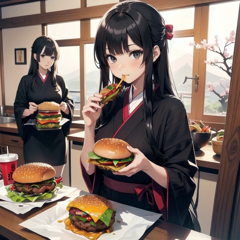 1girl, anime, black eyes, long black hair with square bangs, very long black hair, super long black hair, skirt and stockings, (stockings), heels, black Japanese style kimono mixed with ribbed black sweater with red accents and sakura floral design, ((ribbed black sweater)) adult, (((Japanese shrine/temple background))), kimono sleeves, garter, graceful, ((eating burger in kitchen)), burgers on countertop, mountain dew energy drink/soda on countertop, lots of completed dishes everywhere, (((lots of food in the background)))