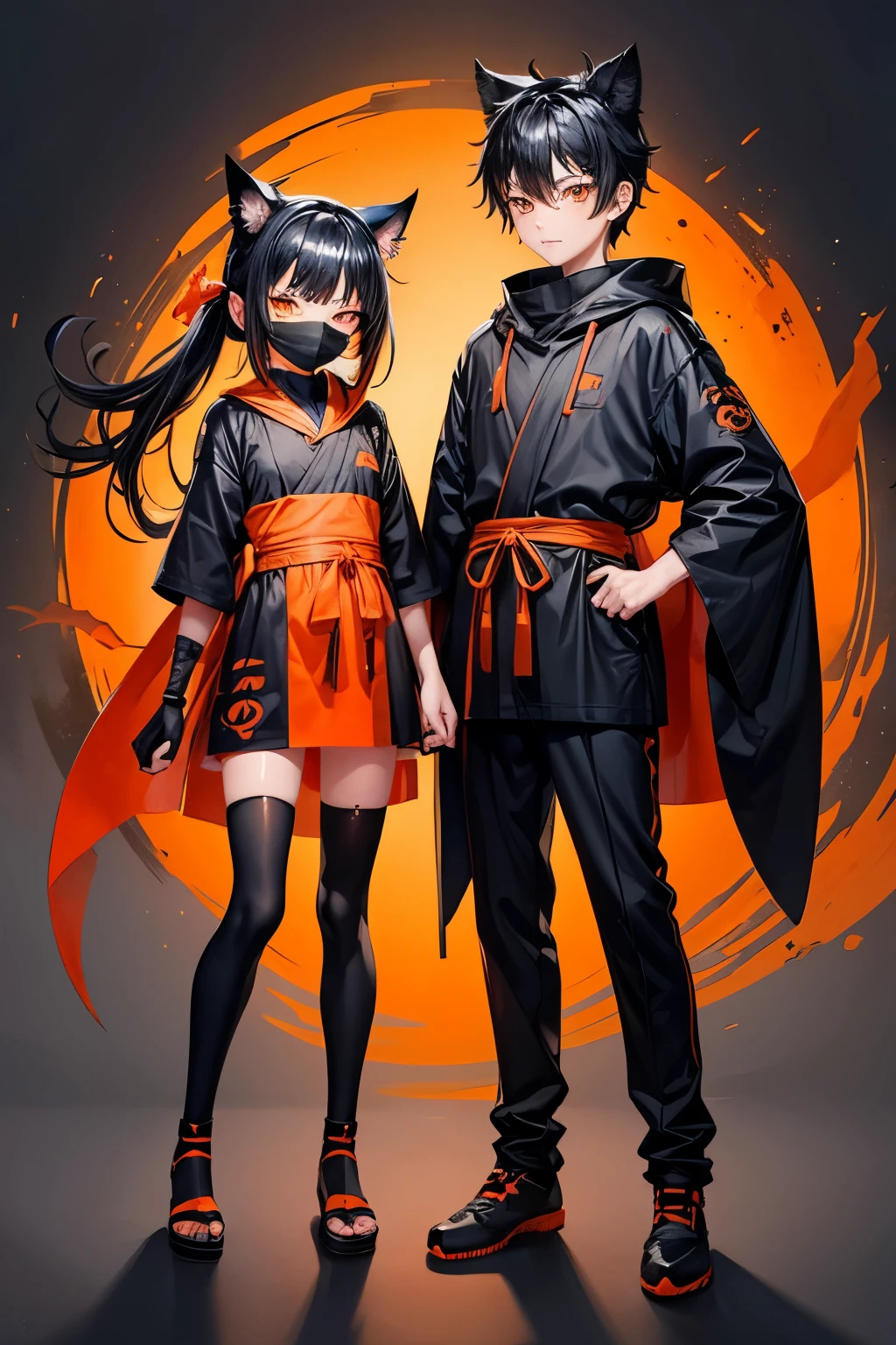 Cute twins black and orange cat boy and girl, young masked, tradicional ninja clothes and mask, big eyes, black hair, pretty, friendly face, (detailed perfect eyes), full body frame, orange eyes, ninja mask, hired face, both youngs
