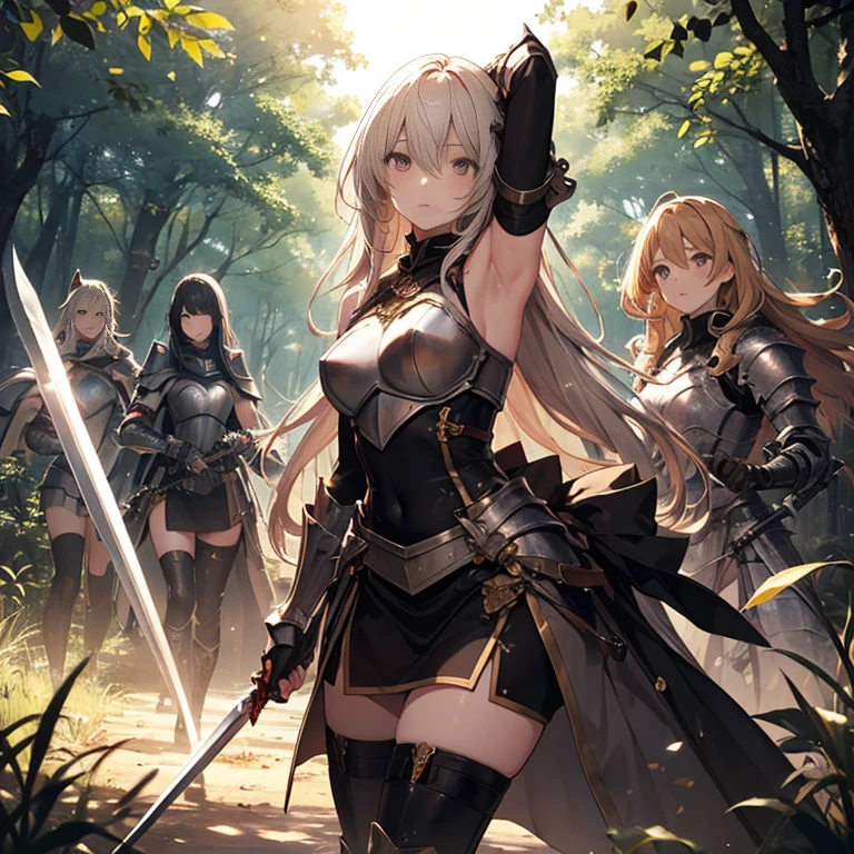 A group of  female knight, (in forest), various hair styles, harem, wearing armored clothes, metal armor, night, details face, , short skirt, seducing, sword, showing armpits, sleeveless, erotic