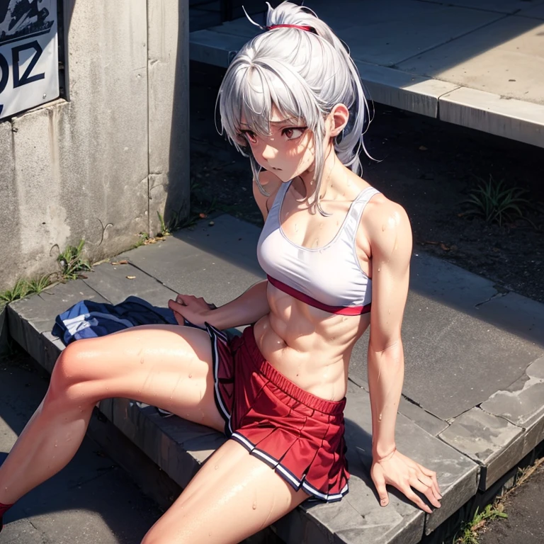 , school girl, sports bra, short , ponytail, fit clothes, red eyes, silver hair, spread leg, wet, sports girl,Tired from sitting and resting,