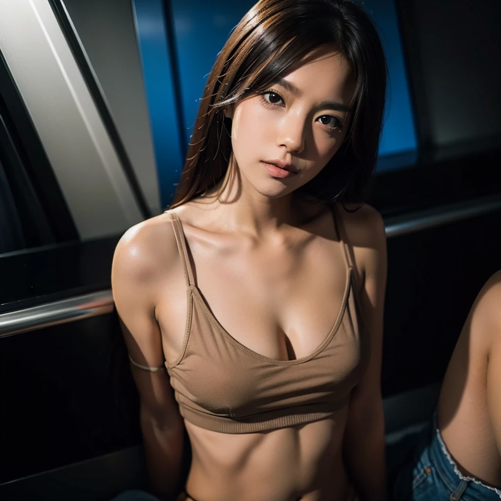 Beautiful sensual and erotic woman with attractive body, Wearing a bra top and loose skirt,, tied over head with handcuffs, on a moving train, ((short skirt)),Cross-legged