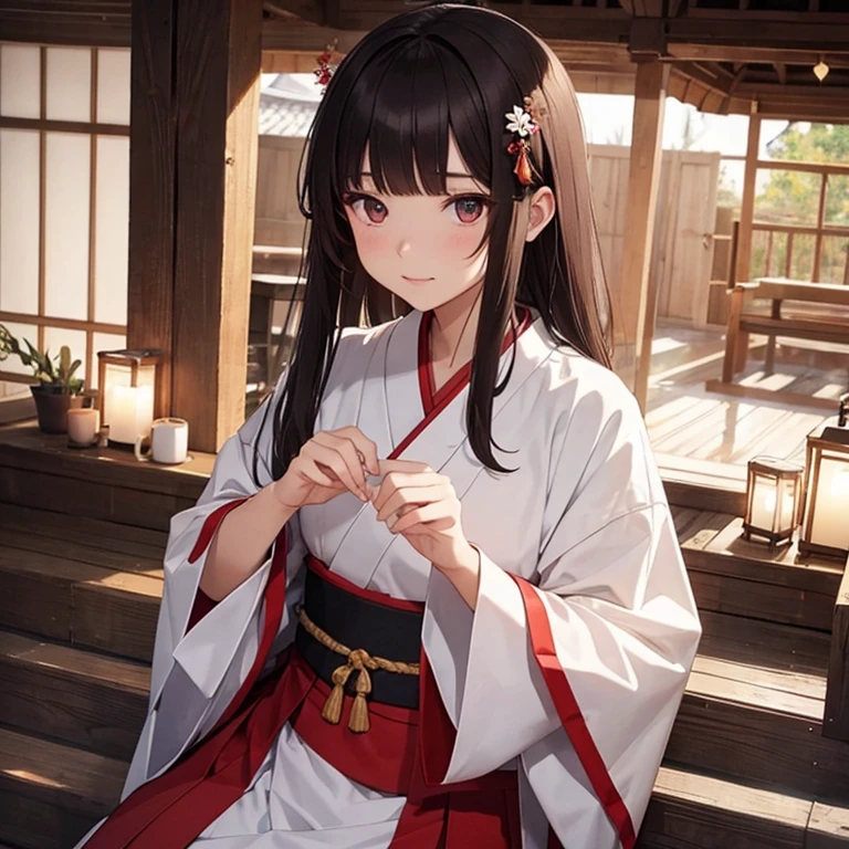 Short teenage miko in traditional Miko Shintō clothing, cuidando flores en su templo, ella es de piel oscura, long loose dark brown hair with bangs and deep amber eyes