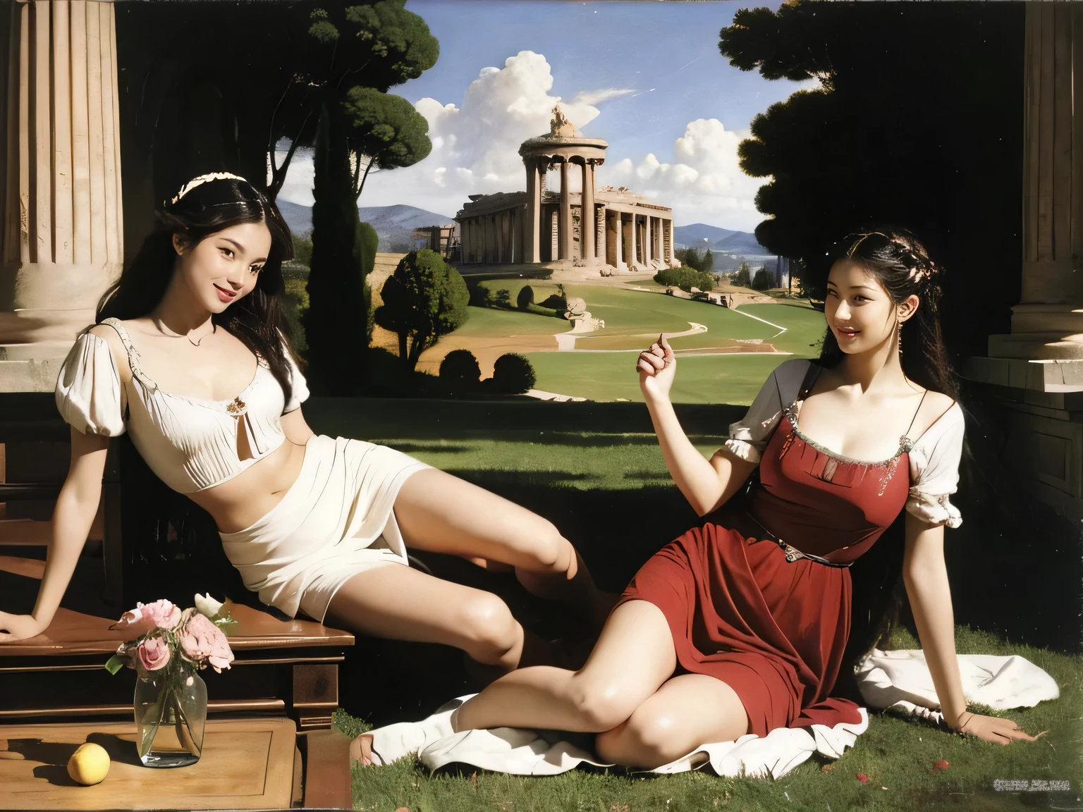 full body portrait or statue、Giorgione painting style,Arguments of two female Philosophe,math、astronomical machine、astronaut、roses in vase、fruits、Cute trinkets、smile、ancient greek costume、Ancient Roman landscape in the style of Nicolas Poussin,laughter,,Sweet and seductive appearance.、Caravaggio's paintings、Chiaroscuro of Caravaggio、hair tousled by the wind,Two women frolicking,cute smile, expression of ecstasy,Sexy,erotic