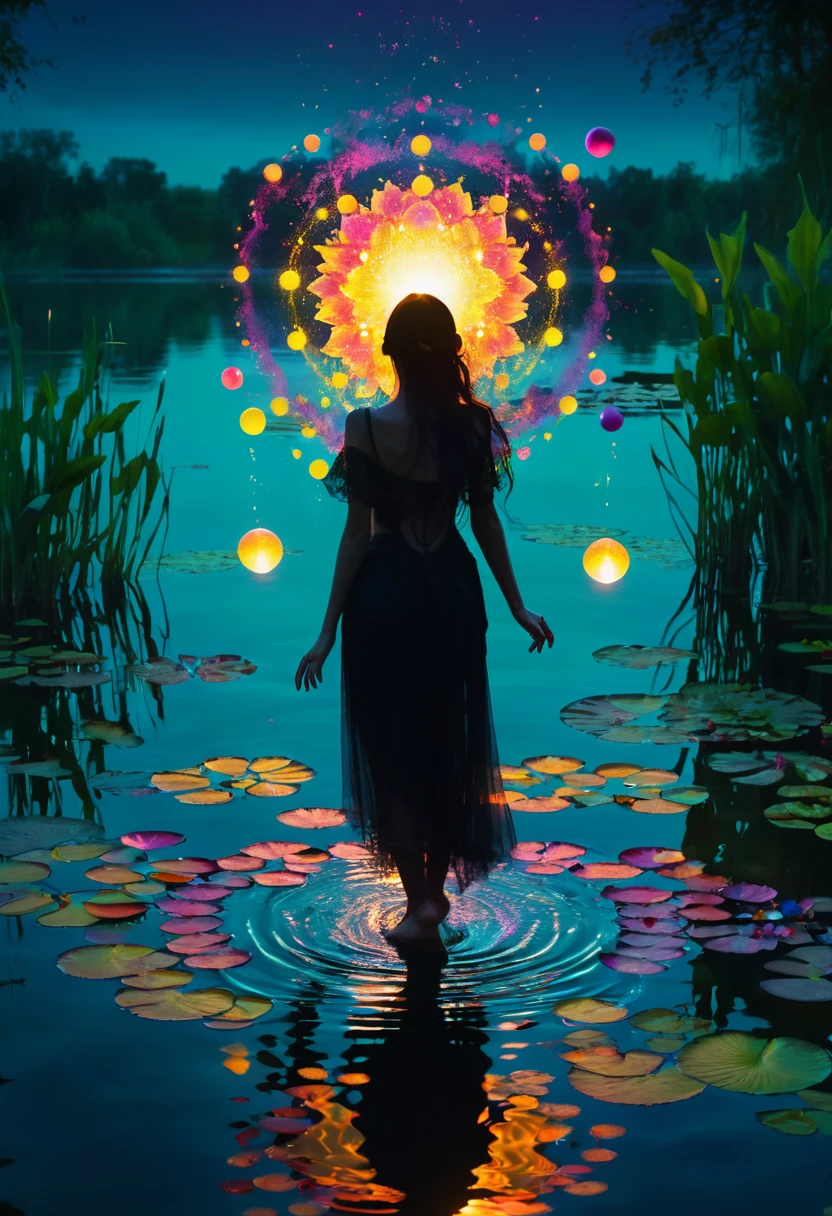 unique work of art, best quality, super fine, 16k, incredibly absurdres, extremely detailed, delicate, flashy and dynamic depiction, moment of emergence, crouching back of a beautiful woman in jet black, dazzling flash of iridescent light shining through a cracked gap, when the flowers bloom beautifully, background neon lights and an artistic space