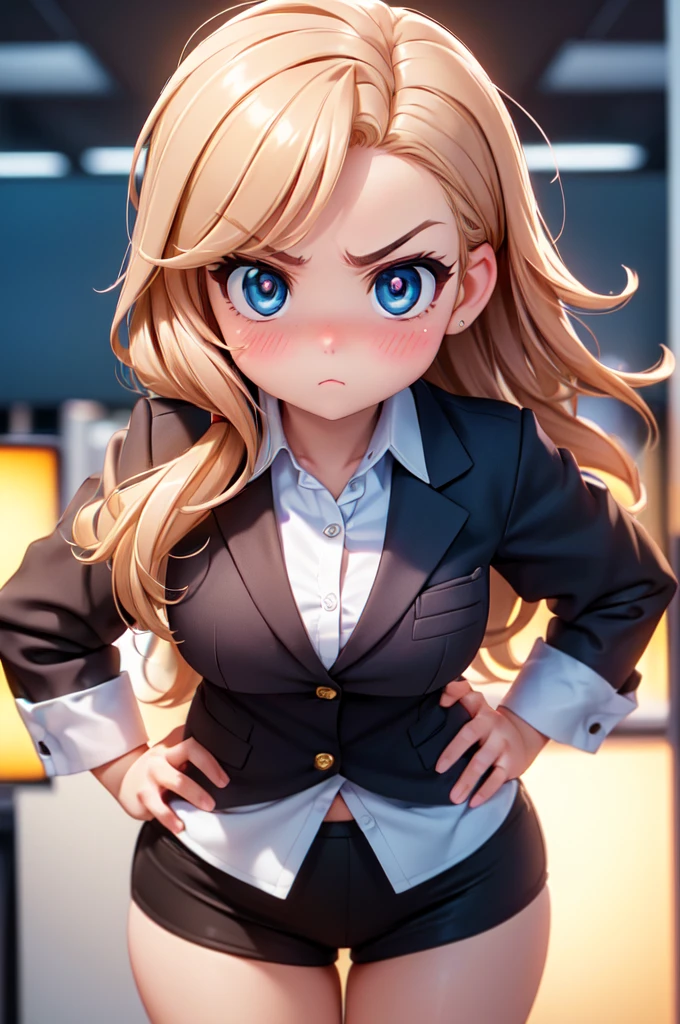 (high quality, High resolution, fine details, actual), ((((Cheeks puffed up)))), Put your hands on your hips, rely, alone, Miss, ((Female office worker)), Bright Eyes, (exquisite eyes), angry, blush, Shallow depth of field