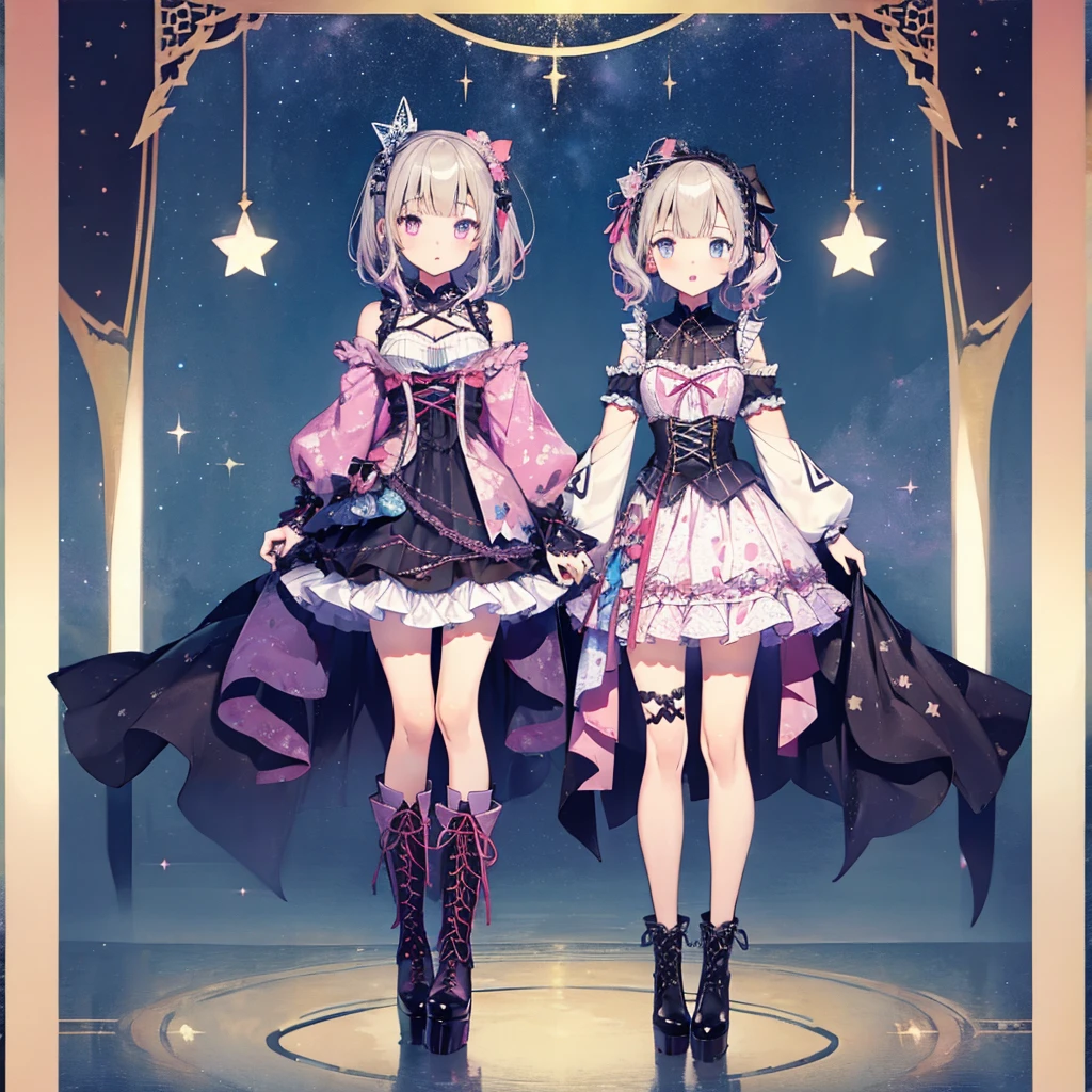 (((1girl)))、lower body shot、Focus on boots、vtuber-halfbody、Star Fairy、「A beautifully printed galaxy patterned kimono and gothic ****ta outfit.、Space pattern box pleated mini skirt with ruffles、front portrait、Knee-high boots、enchanting eyes、Perfect and stunning face、exquisite details、clear image、highest quality。」short hair、