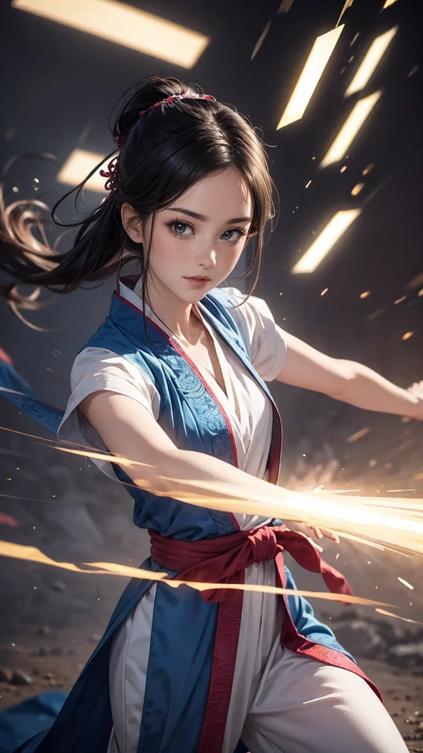 handsome chinese girl, clear eyes, clear facial features, wearing Hanfu, fighting stance, Martial arts moves, A body wrapped in purple mist, Runes around, holographic reality, holographic halo, motion blur, game light effects, edge light, soft light, movie edge light, delicate light, masterpiece, Super detailed, magnificent composition, super hd, high quality, 最high quality, 32k