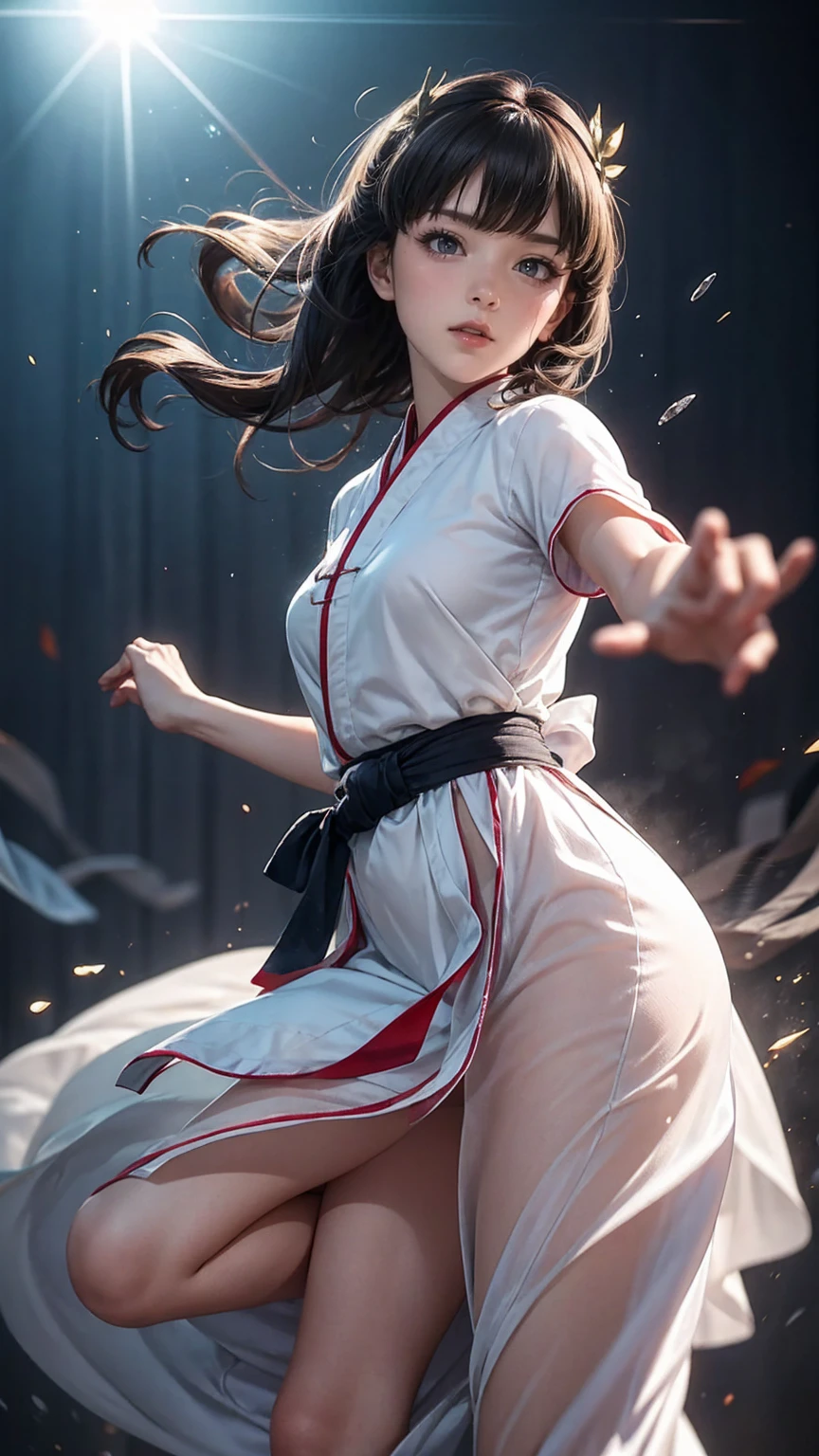 handsome chinese girl, clear eyes, clear facial features, wearing Hanfu, fighting stance, Martial arts moves, A body wrapped in purple mist, Runes around, holographic reality, holographic halo, motion blur, game light effects, edge light, soft light, movie edge light, delicate light, masterpiece, Super detailed, magnificent composition, super hd, high quality, 最high quality, 32k
