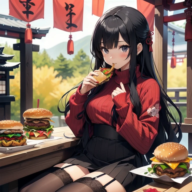 1girl, anime, black eyes, long black hair with square bangs, very long black hair, super long black hair, skirt and stockings, (((stockings))), heels, black Japanese style kimono mixed with ribbed black sweater with red accents and sakura floral design, ((ribbed black sweater)) adult, (((Japanese shrine/temple background))), kimono sleeves, garter, graceful, ((eating burger in kitchen)), burgers on countertop, mountain dew energy drink/soda on countertop, lots of completed dishes everywhere, (((lots of food in the background)))