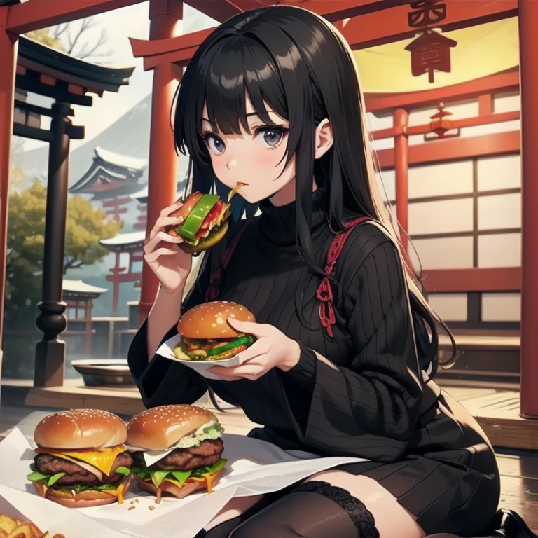 Eating a hamburger,Burger pictures,Walking、Bright red mini skirt、食べながらWalking,Earrings、ribbon、In town、noon、whole body,(Highest quality,Very detailed,High resolution,masterpiece,8K),Bright and vibrant colors,Official artwork,Stylish makeup,Long black perm fluttering in the wind,Captivating eyes,Glossy Lips,Cute girl with ample breasts,Beautiful neckline, Holding,Captivating smile,Solemn atmosphere,