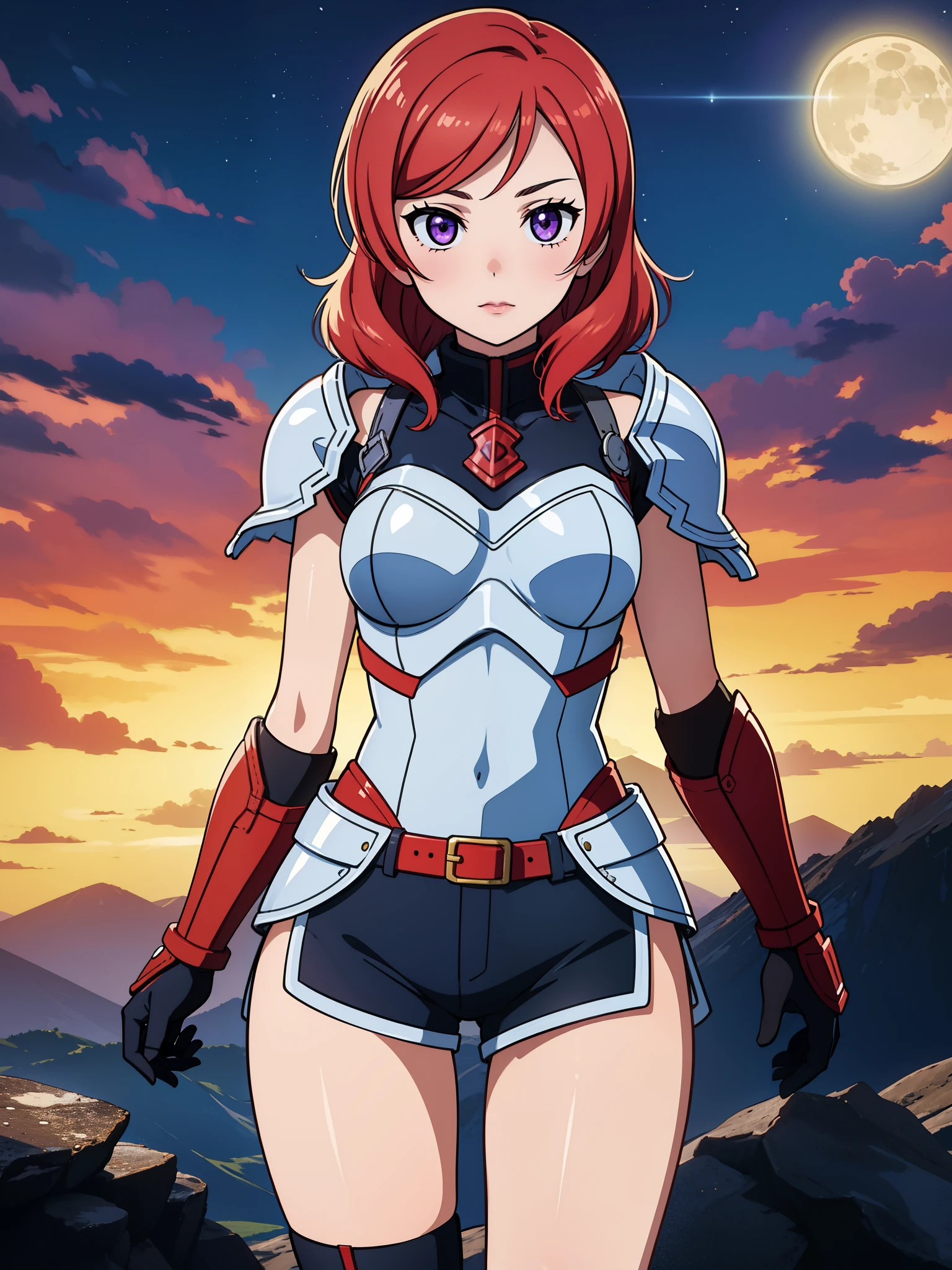 (Masterpiece, Best Quality, High Quality), facing viewer,volumetric lighting, illustration, beautiful, perfect lighting, perfect shadows,Nishikino maki , cowboy shot, (silver armor:1.2), short shorts, thighs, solo, purple eyes ,red hair ,in mountains,under moonlight, dynamic pose