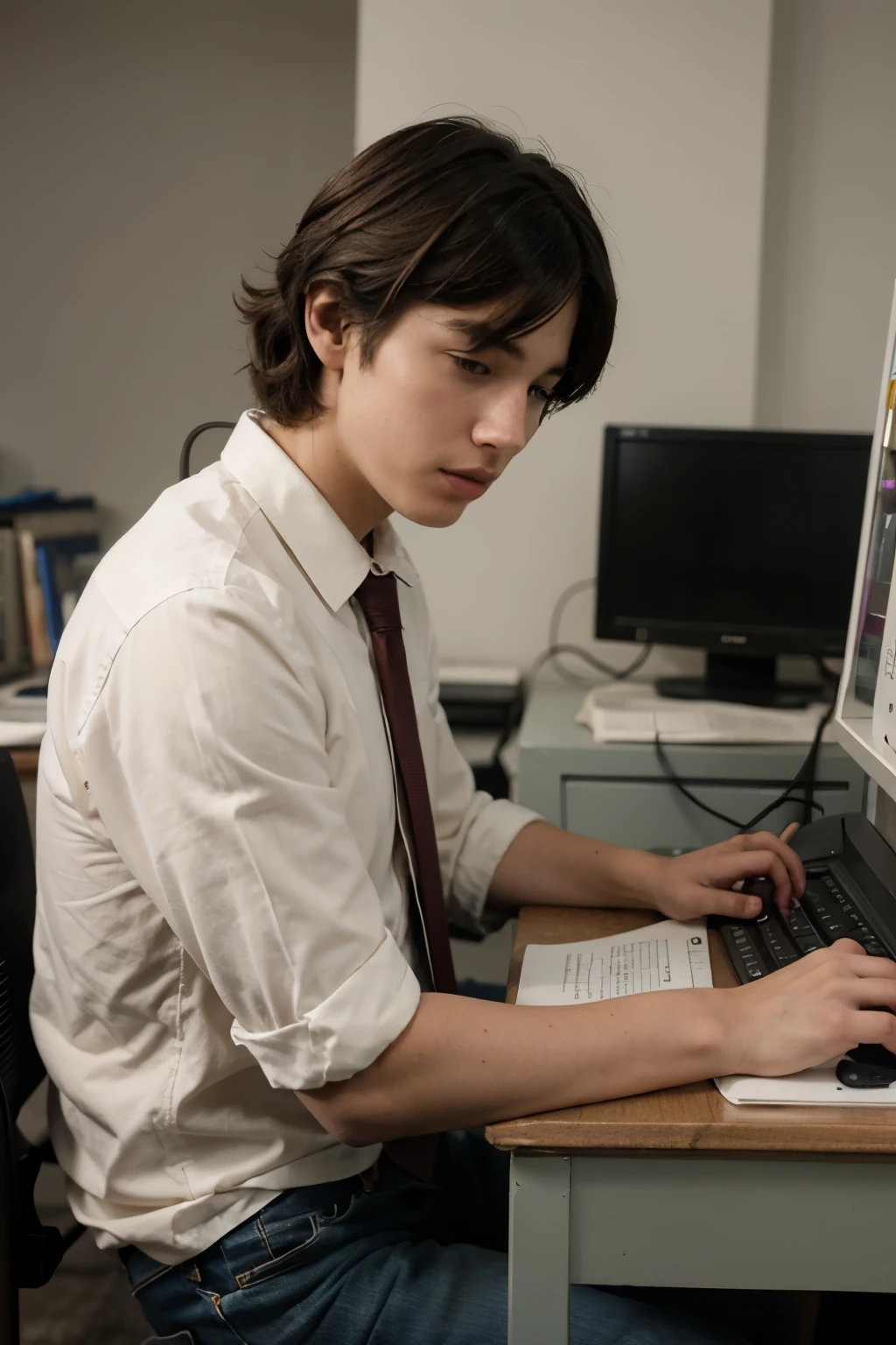 retro anime of a young man studying on a computer