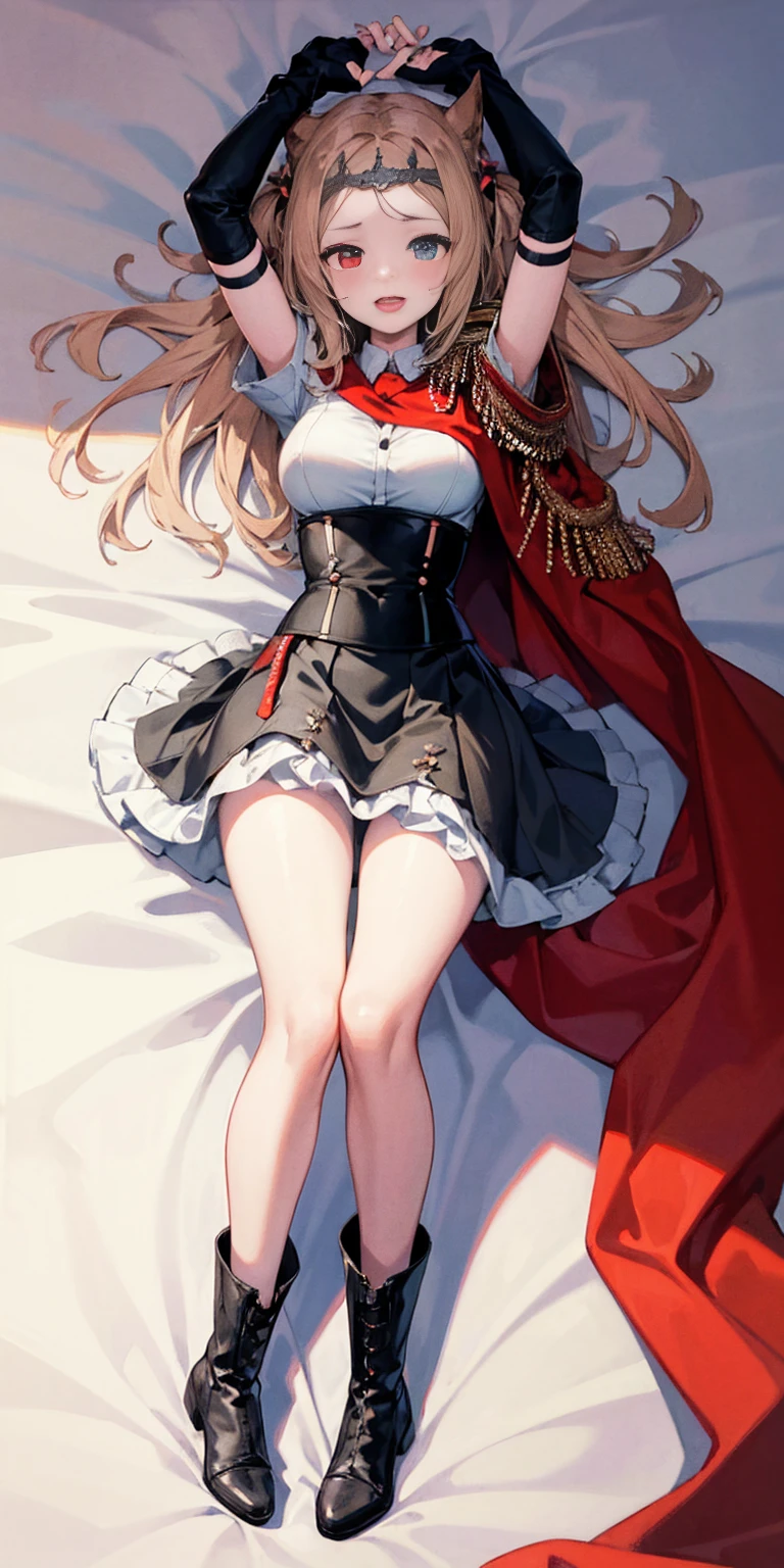 (((masterpiece,high resolution,best quality))), 1girl, solo,wine bottle,bare legs,
large breasts, lying, on back, petals, looking at viewer, armpits, open mouth, solo, blush, wet clothes, heart, arms up, wet, bed sheet,
origin, 1girl, red cape, boots, gloves, epaulettes, black corset, corset, black gloves, :d, black skirt 