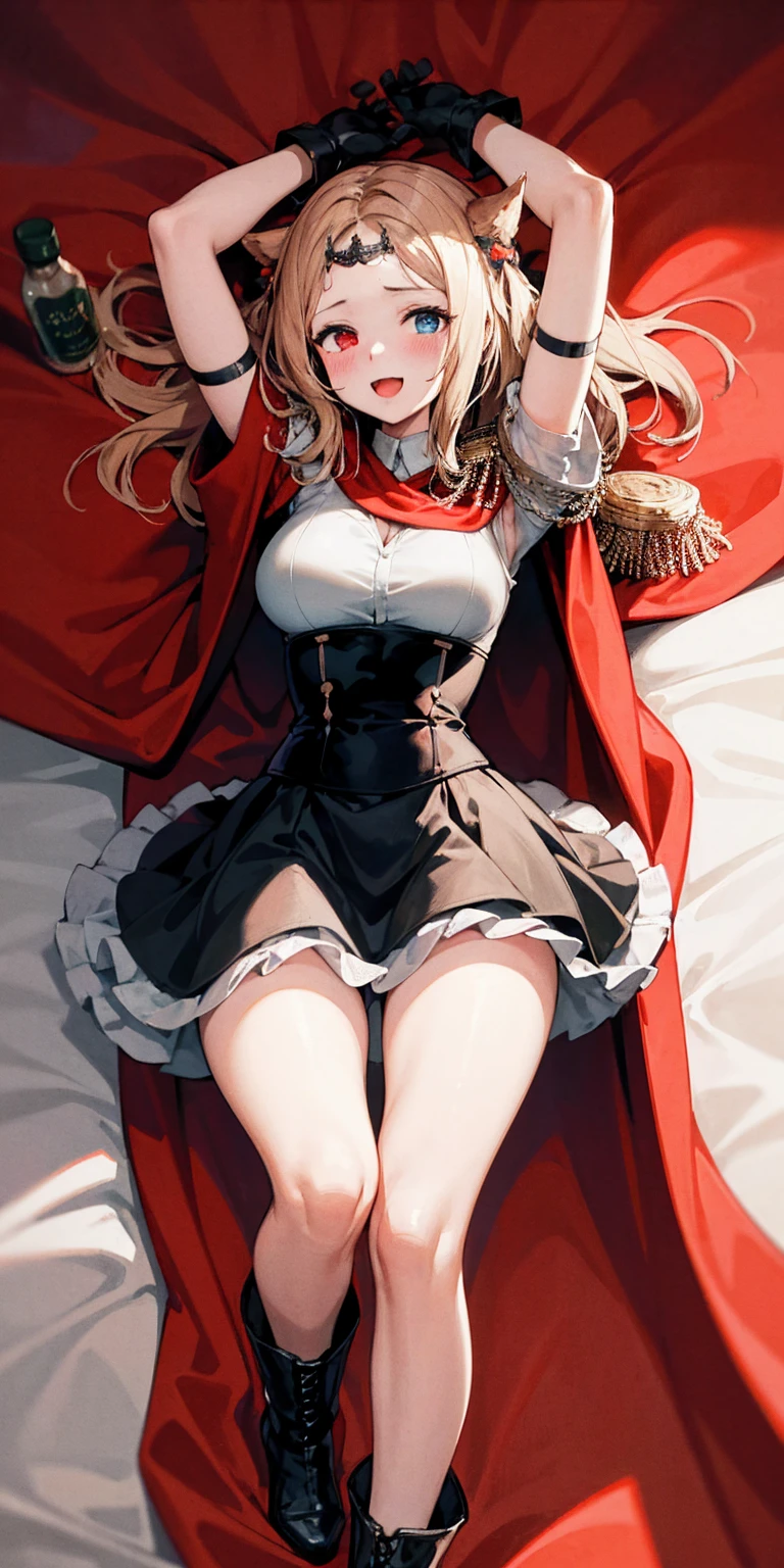 (((masterpiece,high resolution,best quality))), 1girl, solo,wine bottle,bare legs,
large breasts, lying, on back, petals, looking at viewer, armpits, open mouth, solo, blush, wet clothes, heart, arms up, wet, bed sheet,
origin, 1girl, red cape, boots, gloves, epaulettes, black corset, corset, black gloves, :d, black skirt 