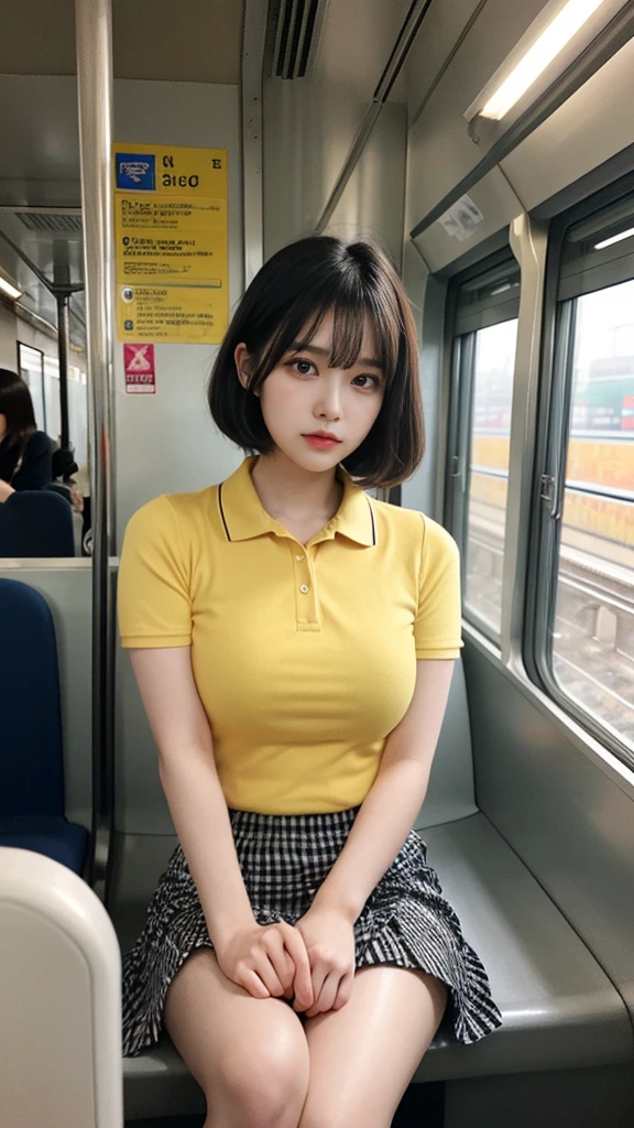 muste piece, best quality, illustration, Super detailed, fine details, High resolution, 8K,wall paper, perfect dynamic composition,(Details High quality, realistic depiction of eyes:1.3), (collared shirt:1.1), pleated skirt, big breasts, short bob hair、black hair color, Big Natural Color Lip, bold sexy pose, crying a little、cold gaze, Harajuku style、20 year old girl、cute type、ta、beautiful legs, on the train, gravure idol