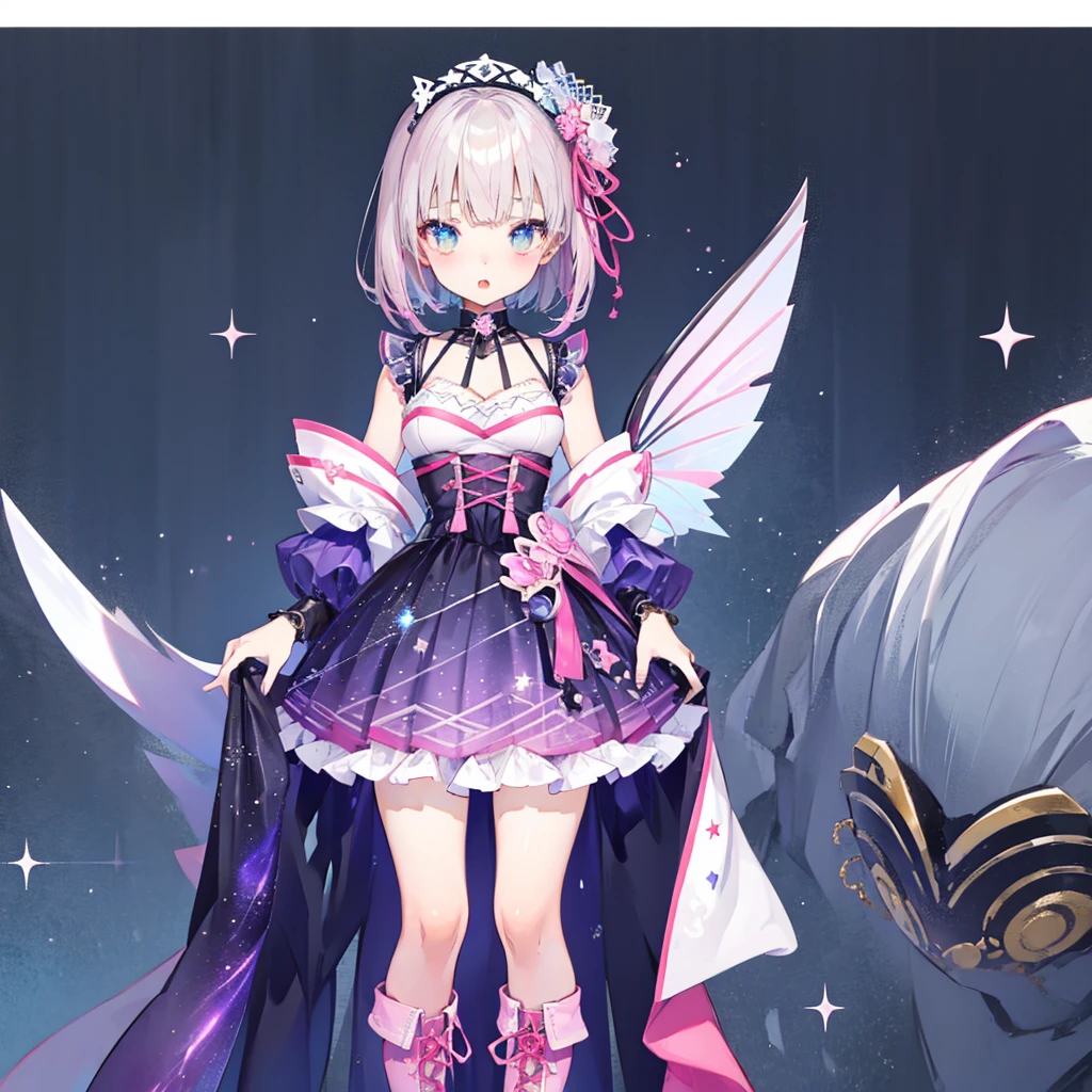 (((1girl)))、lower body shot、Focus on boots、vtuber-halfbody、Star Fairy、「A beautifully printed galaxy patterned kimono and gothic lolita outfit.、Space pattern box pleated mini skirt with ruffles、front portrait、Knee-high boots、enchanting eyes、Perfect and stunning face、exquisite details、clear image、highest quality。」short hair、