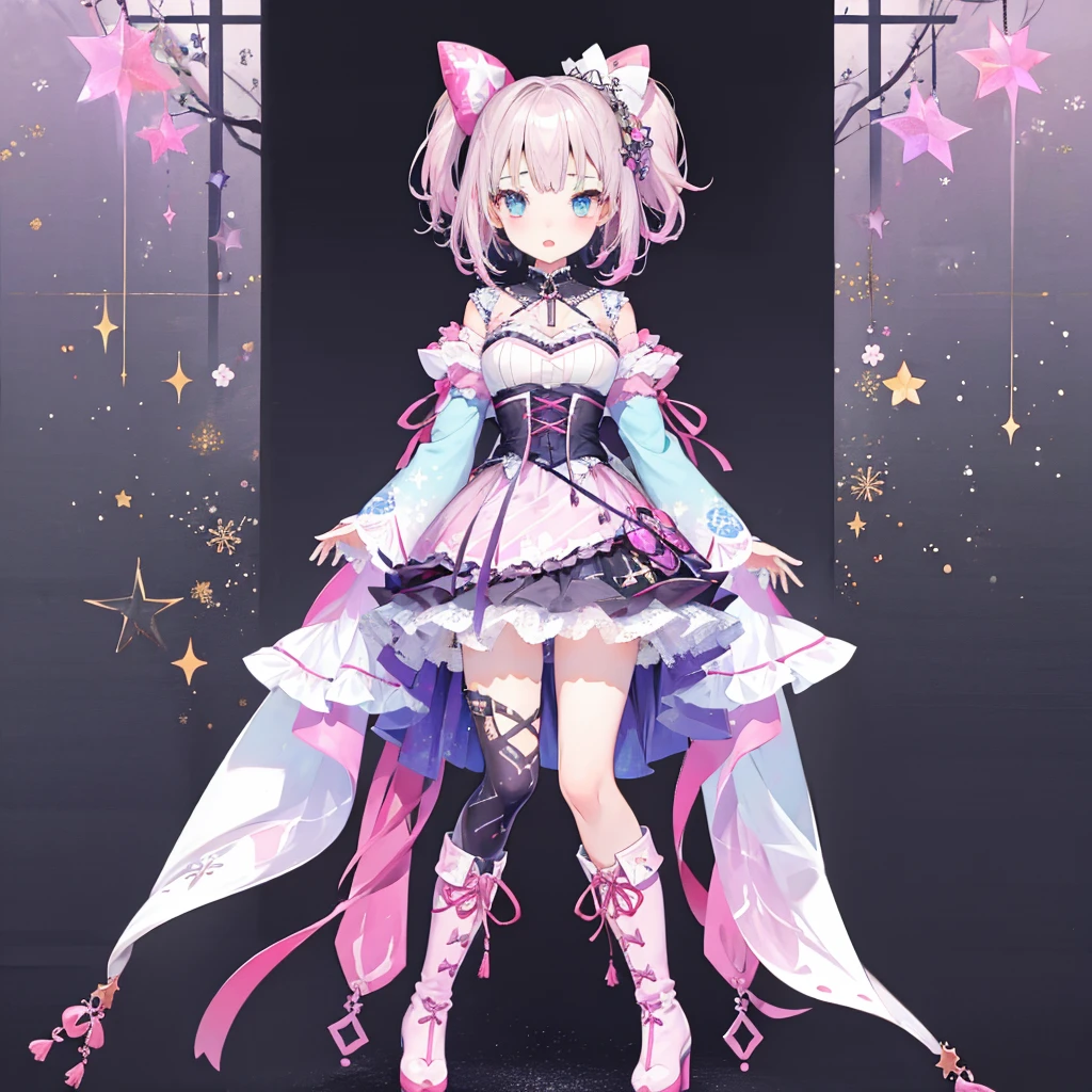 (((1girl)))、lower body shot、Focus on boots、vtuber-halfbody、Star Fairy、「A beautifully printed galaxy patterned kimono and gothic lolita outfit.、Space pattern box pleated mini skirt with ruffles、front portrait、Knee-high boots、enchanting eyes、Perfect and stunning face、exquisite details、clear image、highest quality。」short hair、